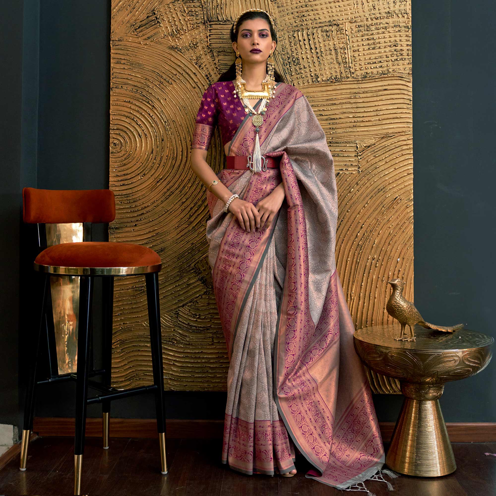Grey Floral Woven Art Silk Saree With Tassels