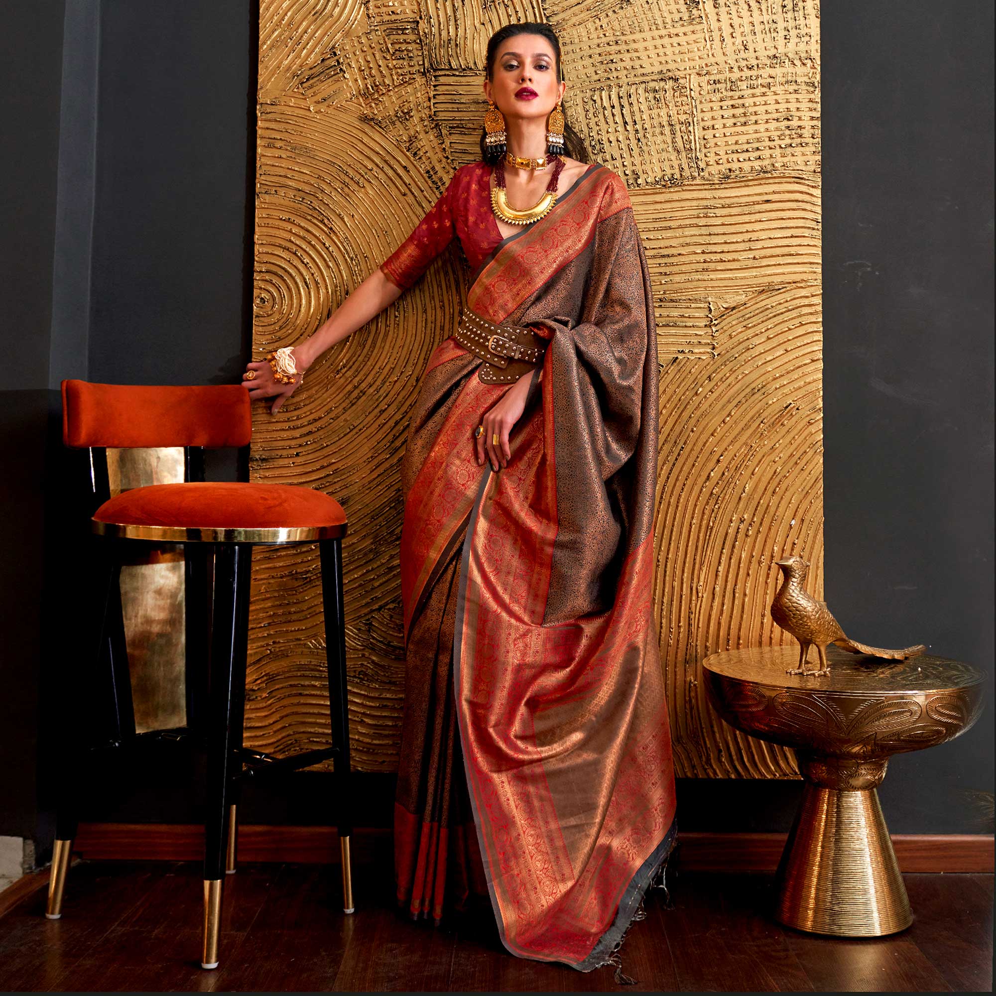 Brown Floral Woven Art Silk Saree With Tassels