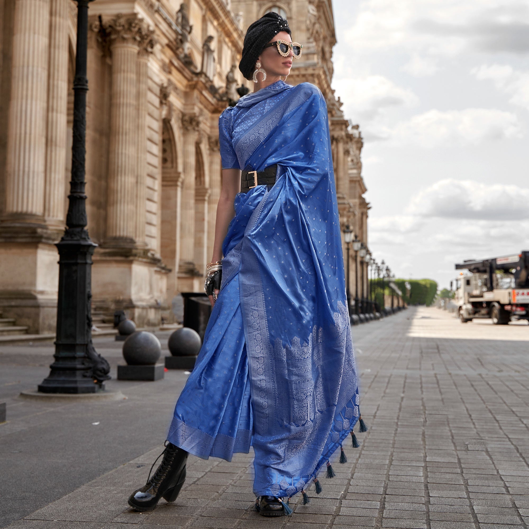 Blue Zari Woven Satin Silk Saree With Tassels