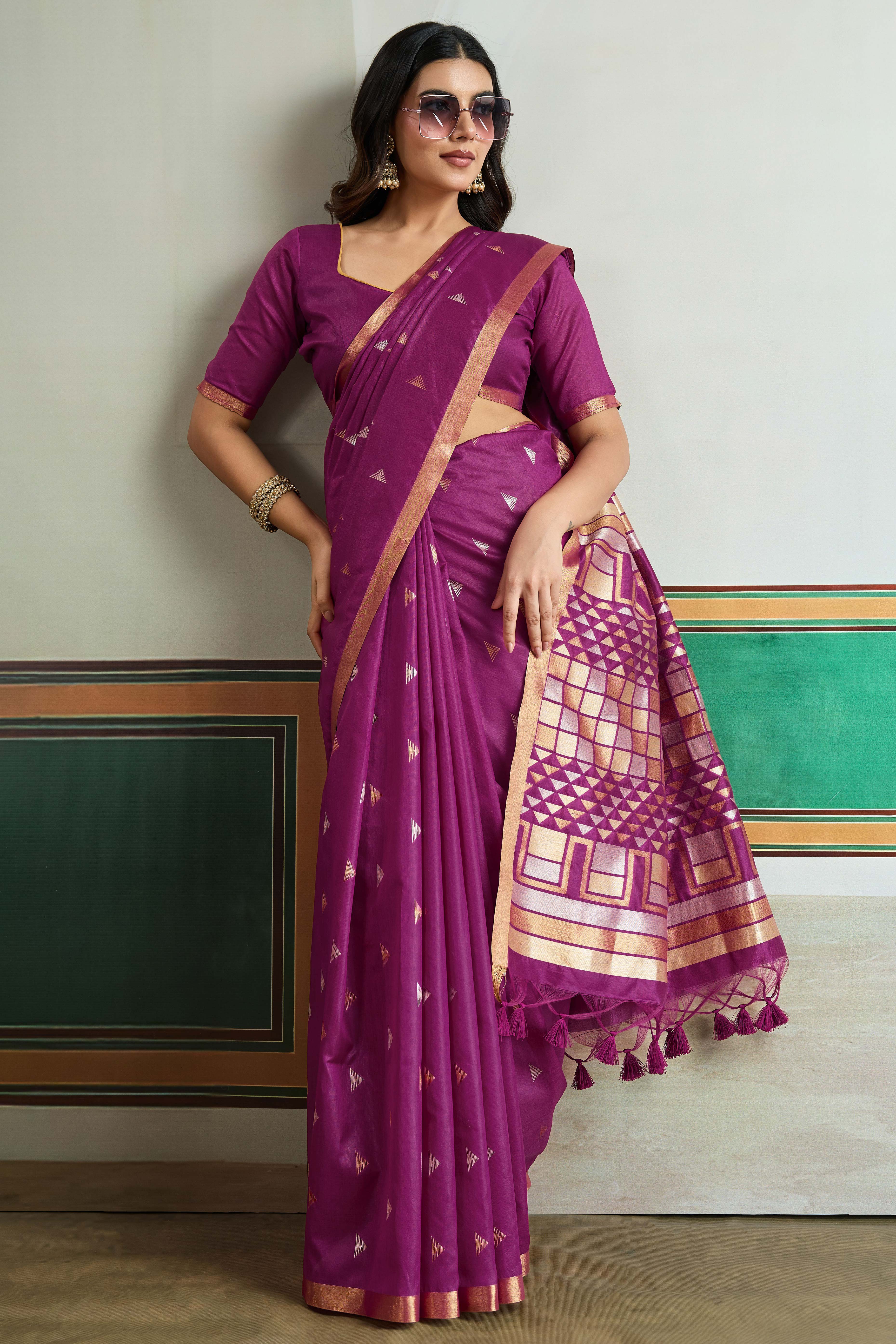 Classic Dark Magenta Tussar Silk Saree Showcasing Rich Geometric Weaving & Trendy Tassel Pallu