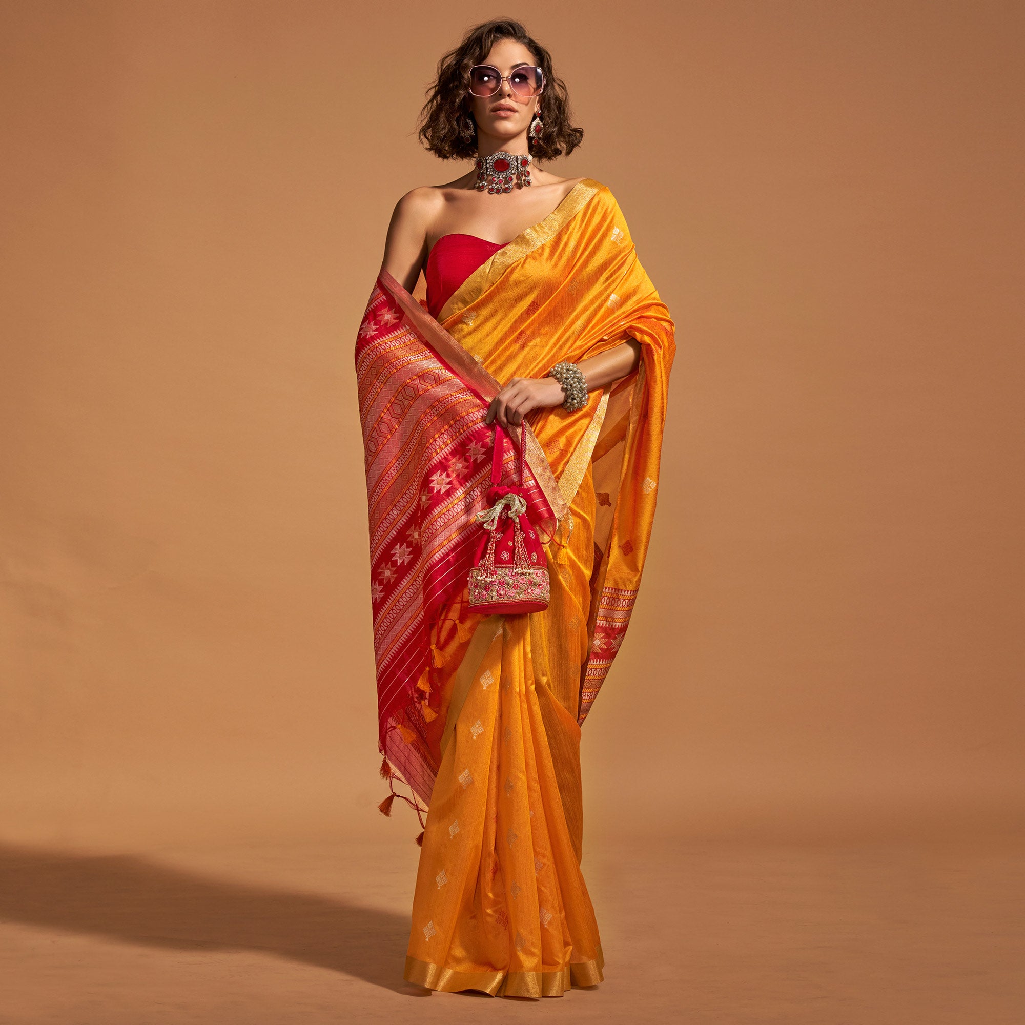 Mustard Woven Art Silk Saree With Tassels