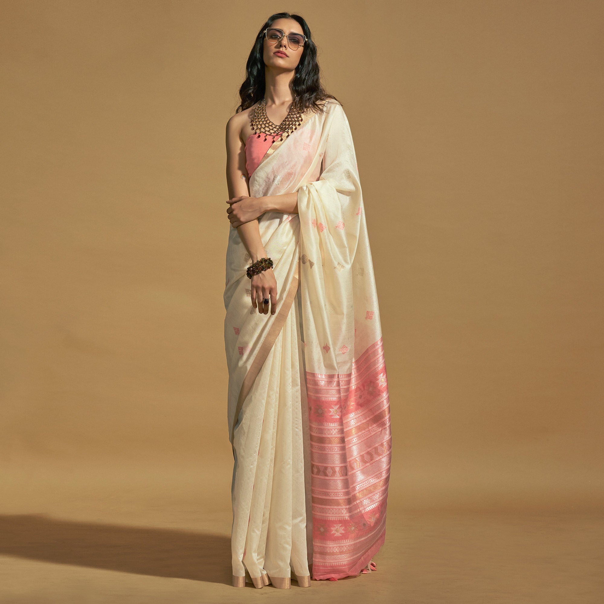 Off White Woven Art Silk Saree With Tassels