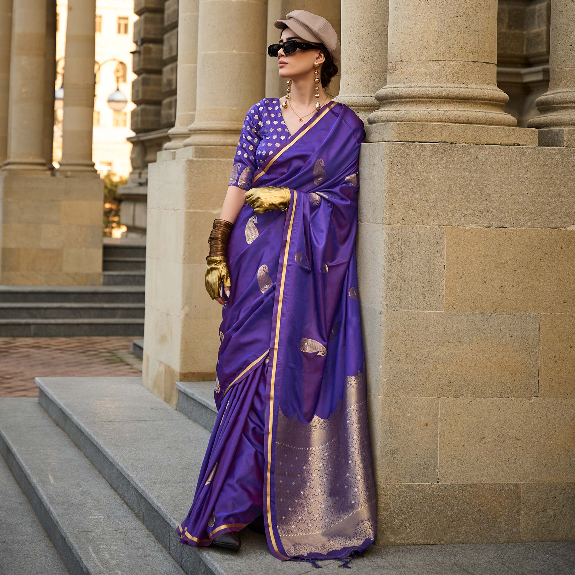 Purple Zari Work Woven Satin Saree With Tassels