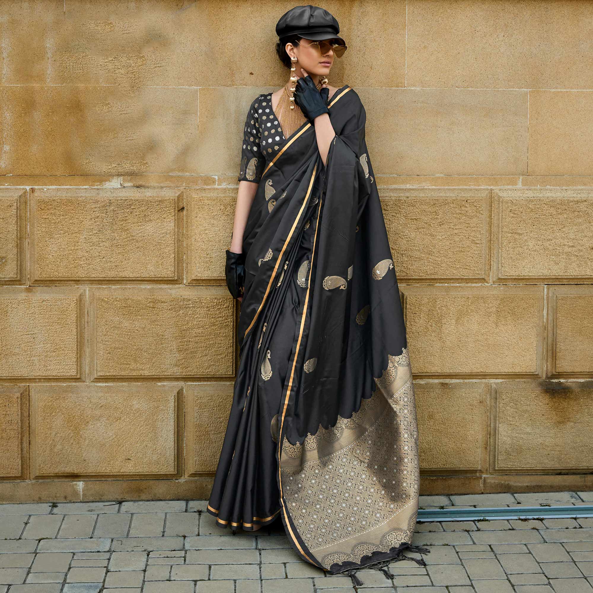 Black Zari Work Woven Satin Saree With Tassels