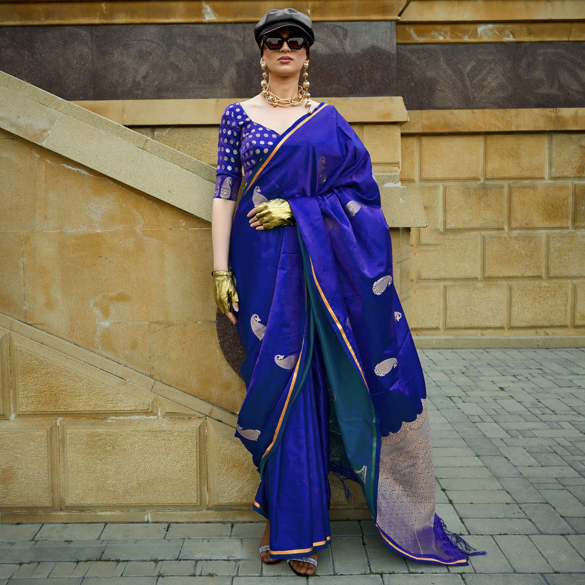 Royal Blue Zari Work Woven Satin Saree With Tassels