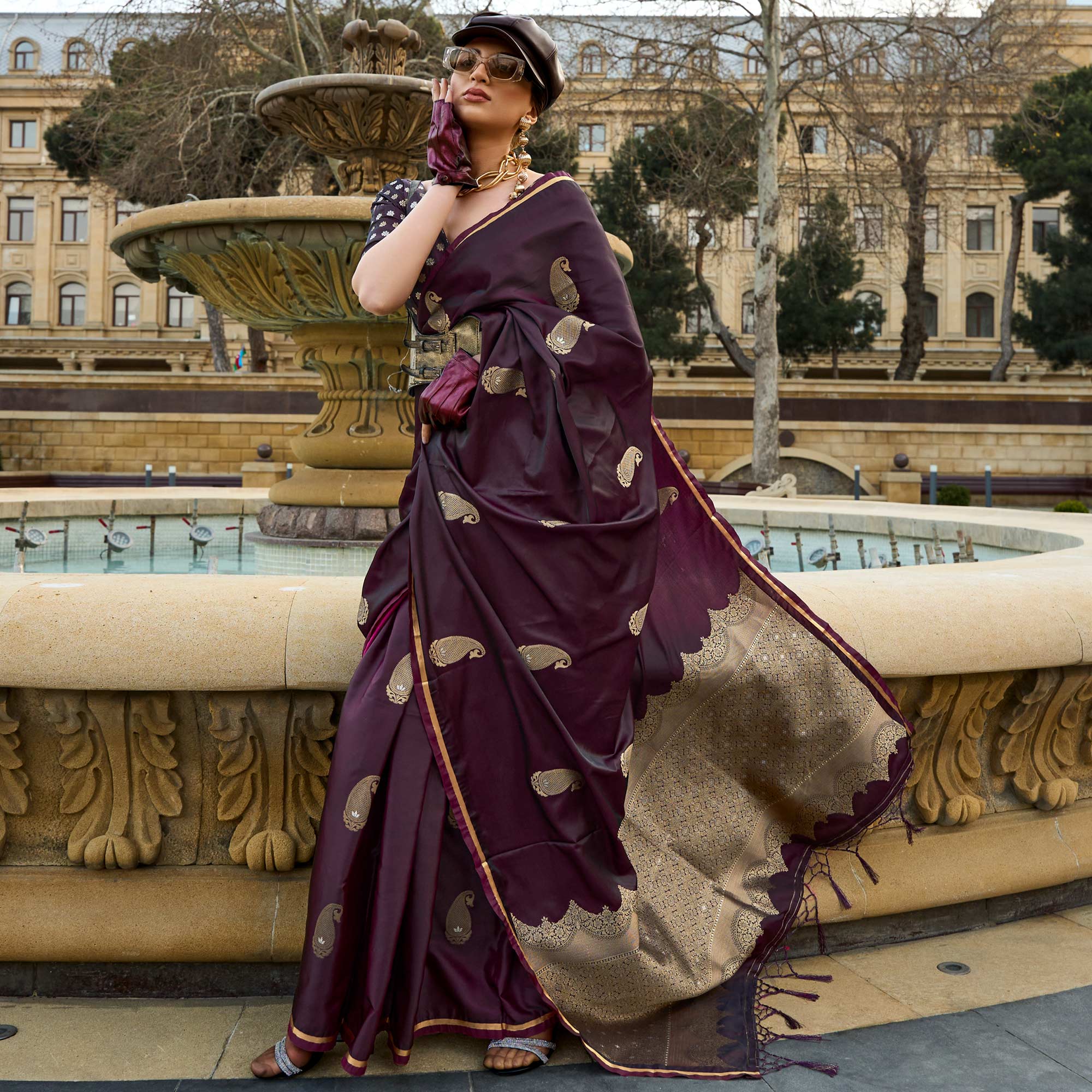 Burgundy Zari Work Woven Satin Saree With Tassels