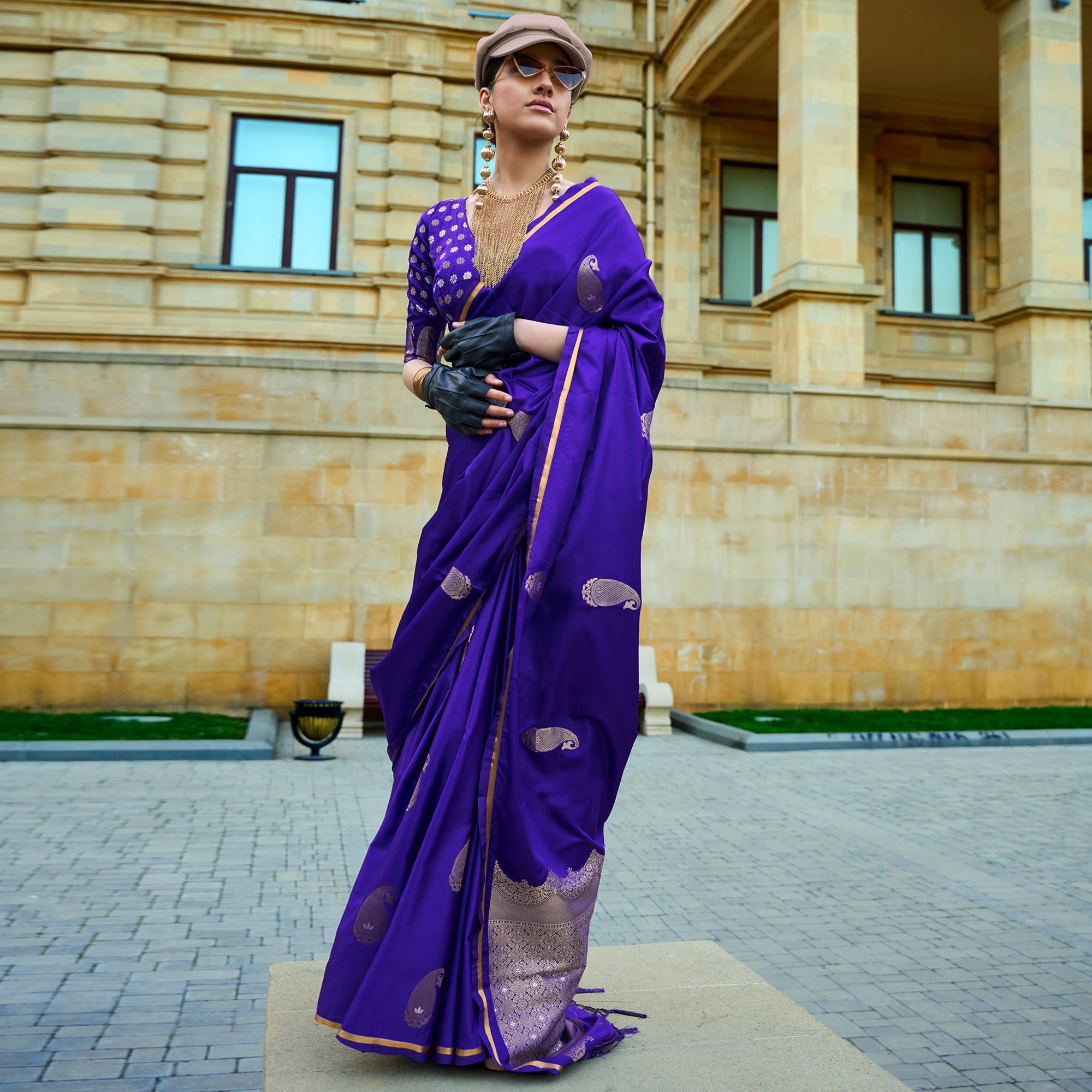 Violet Zari Work Woven Satin Saree With Tassels