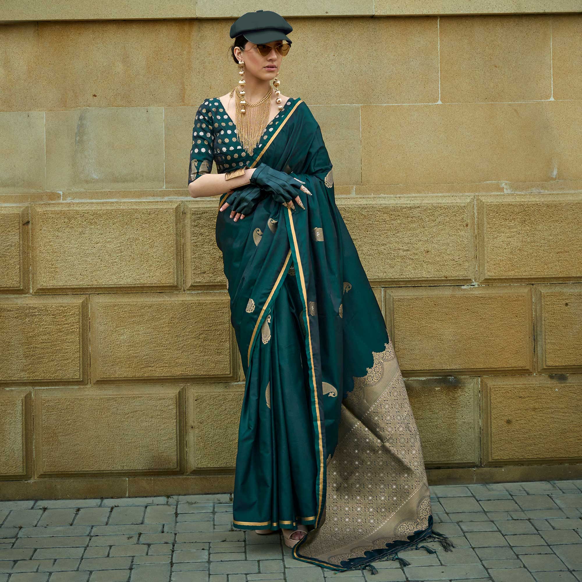 Morpich Green Zari Work Woven Satin Saree With Tassels