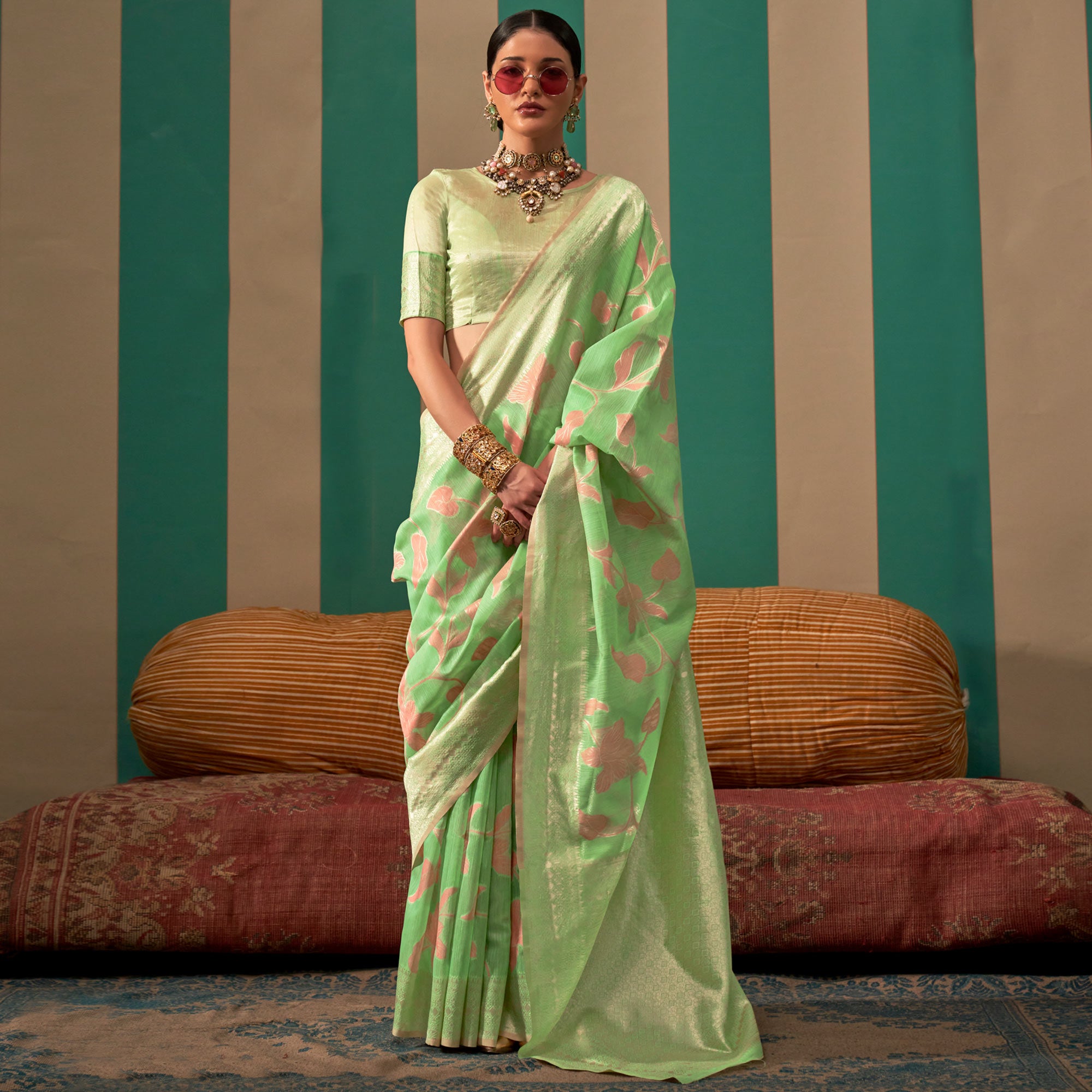 Green Floral Woven Linen Saree With Zari Work