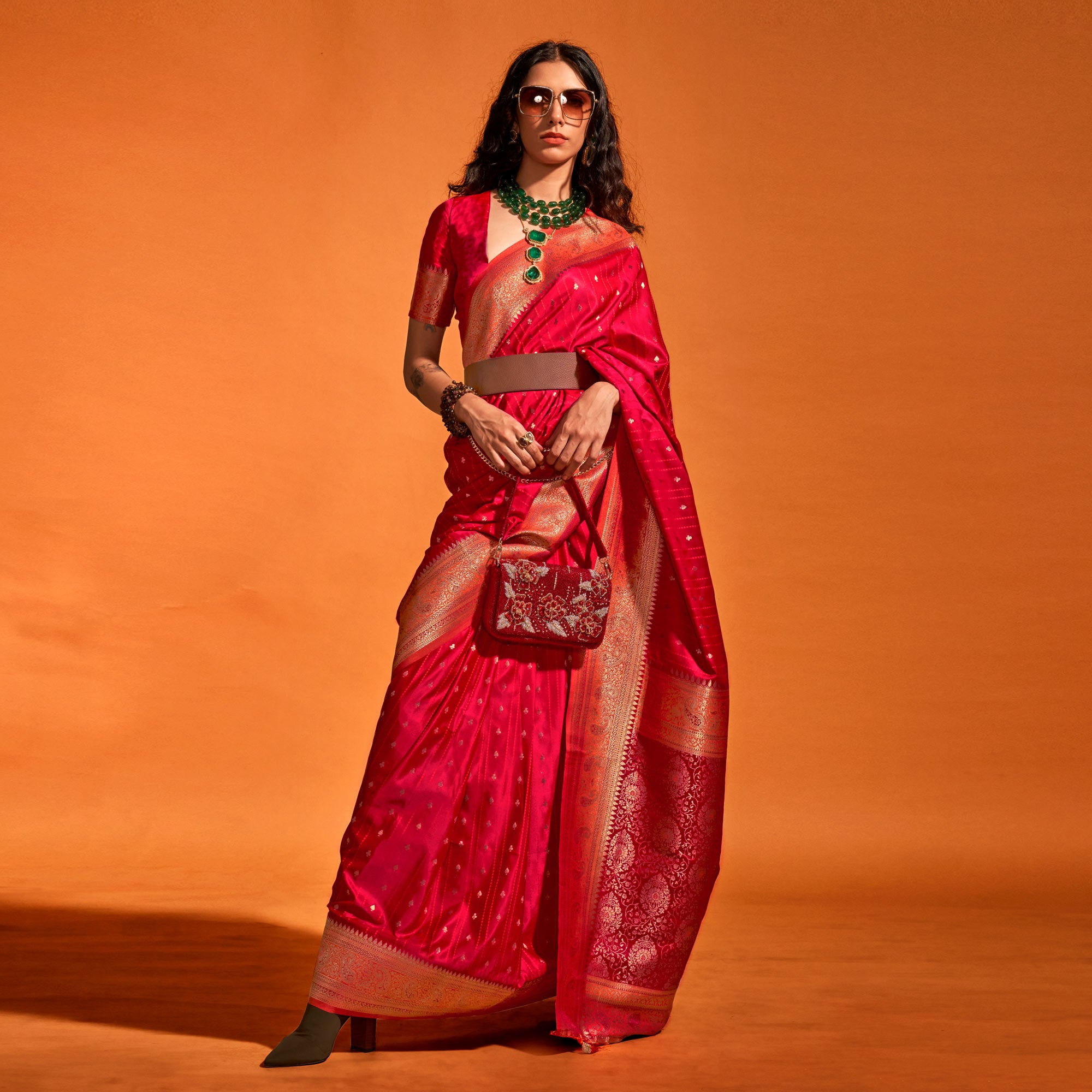 Rani Pink Woven Zari Border Satin Saree With Tassels
