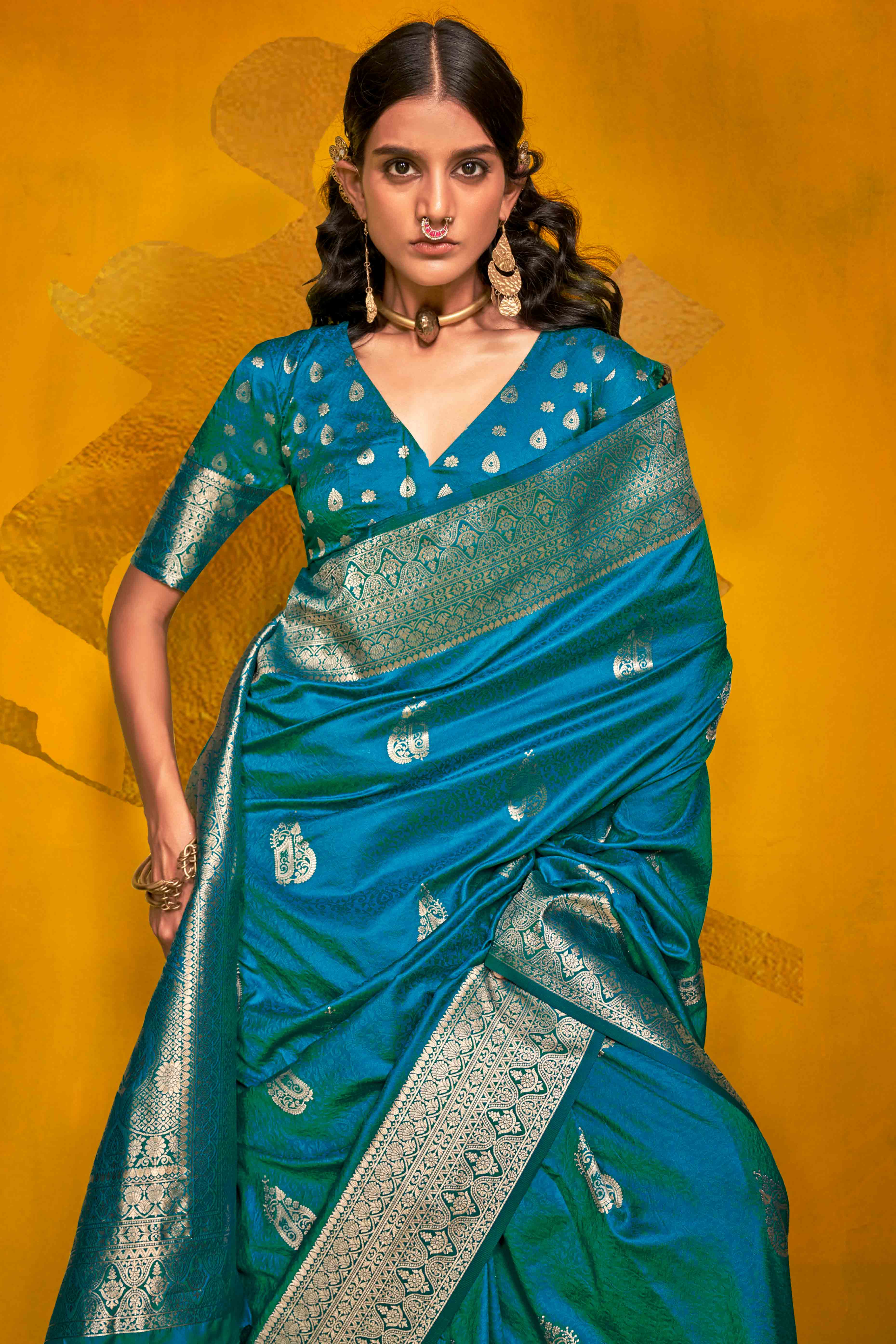 Rama Blue Floral Zari Weaving Banarasi Silk Saree