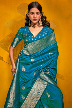 Rama Blue Floral Zari Weaving Banarasi Silk Saree