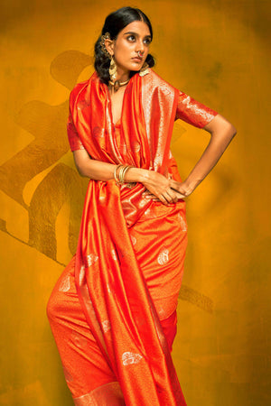 Orange Floral Zari Weaving Banarasi Silk Saree