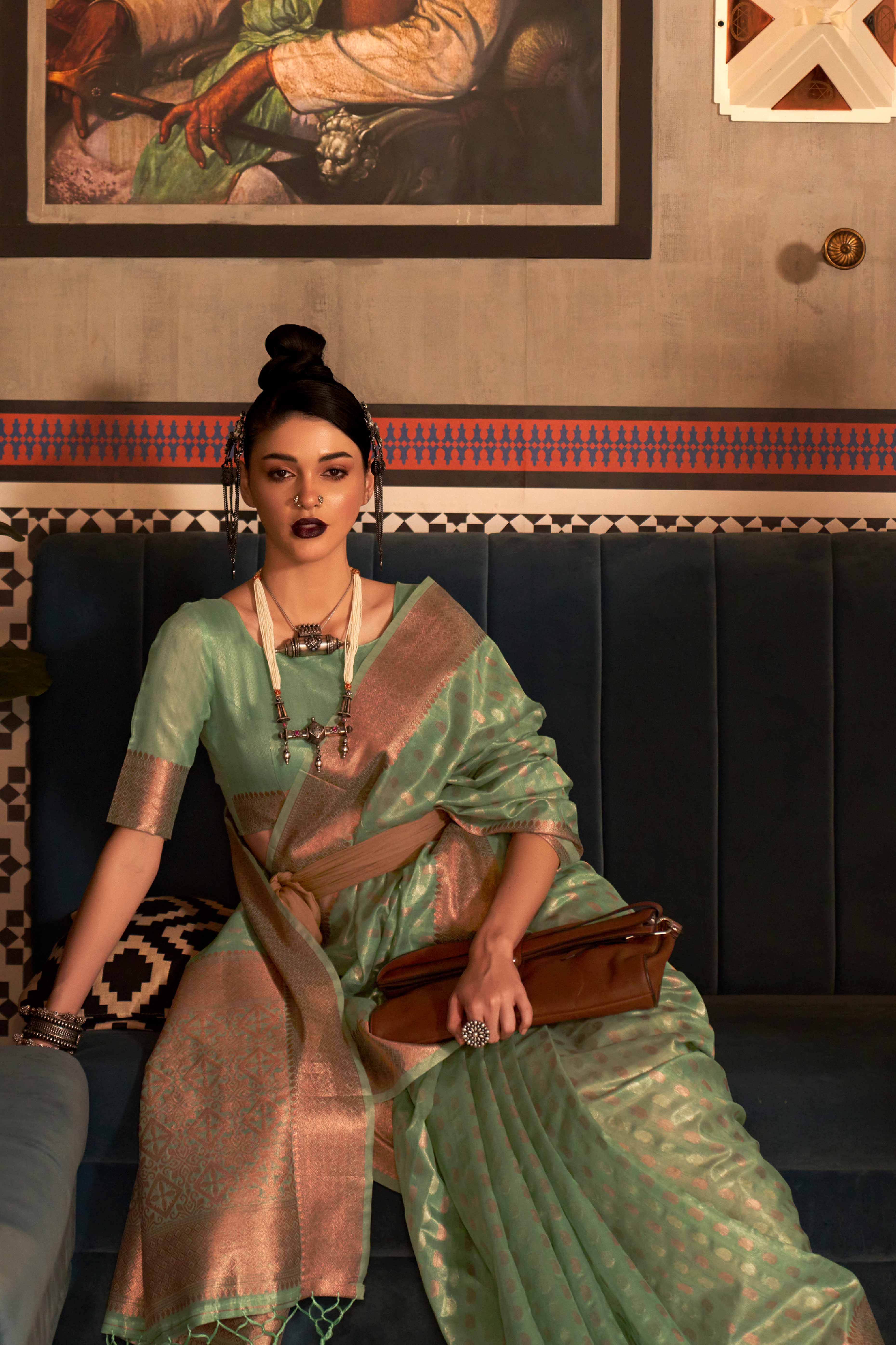 Sea Green Handloom Zari Woven Tissue Saree