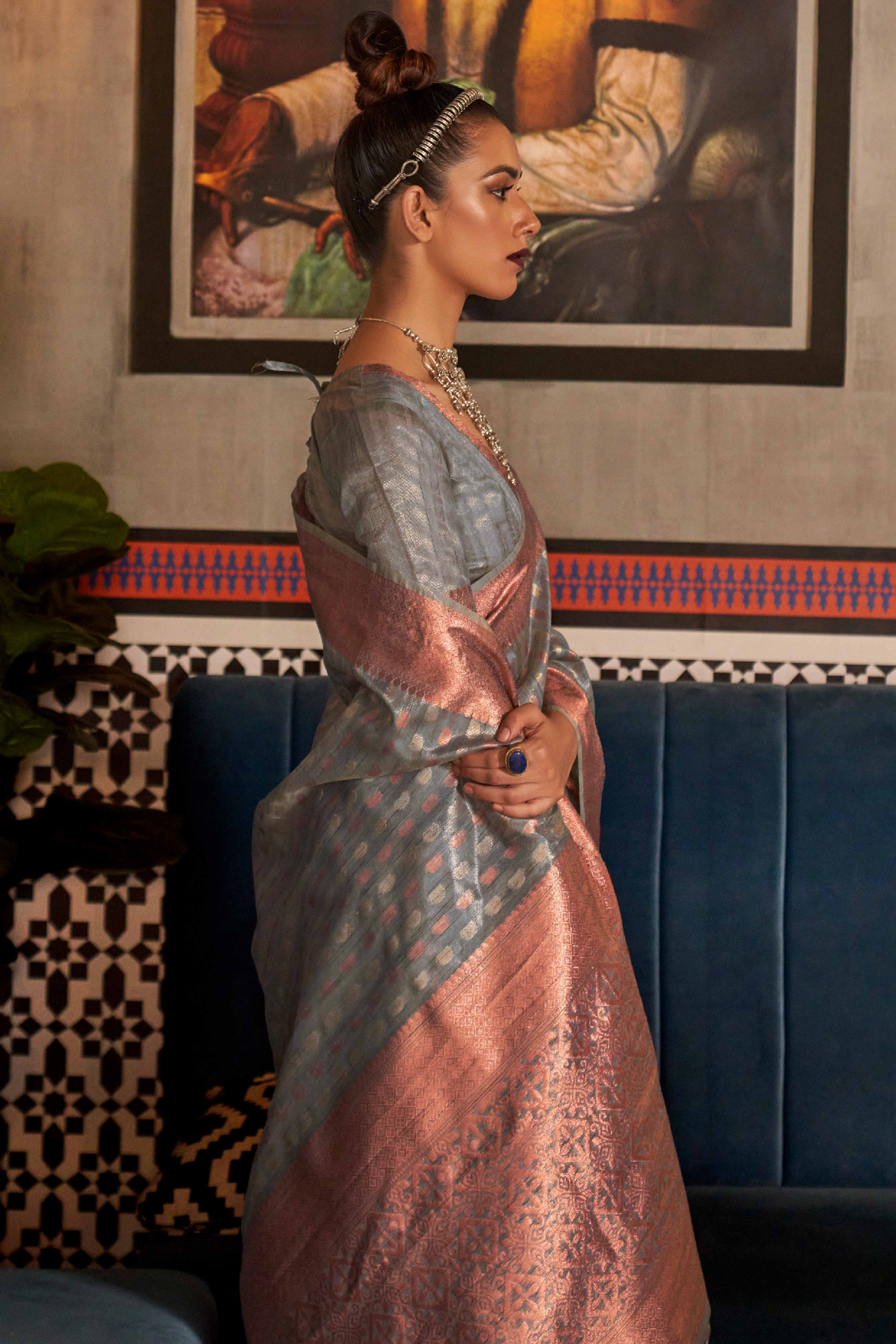 Grey Handloom Zari Woven Tissue Saree