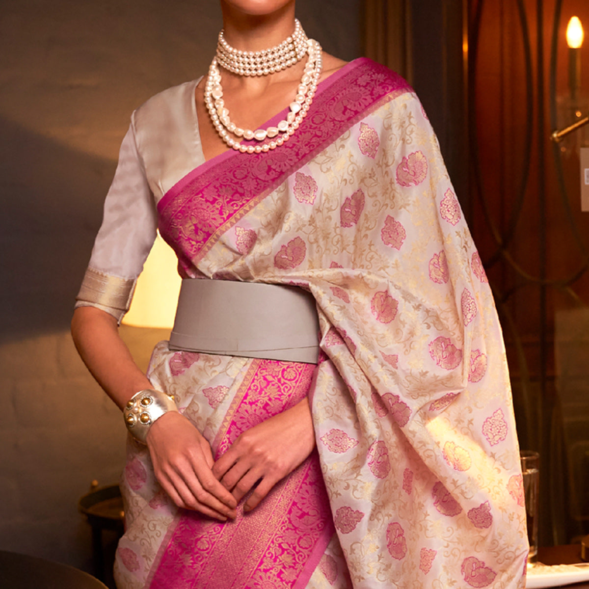 Off White & Rani Pink Floral Woven Art Silk Saree