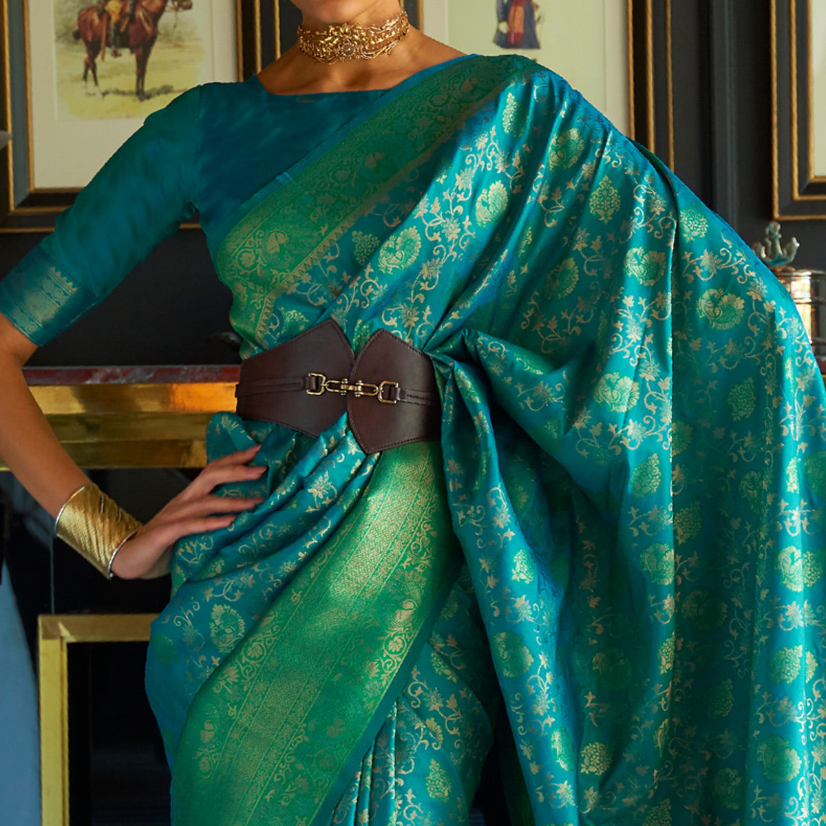 Rama Blue & Green Floral Woven Art Silk Saree