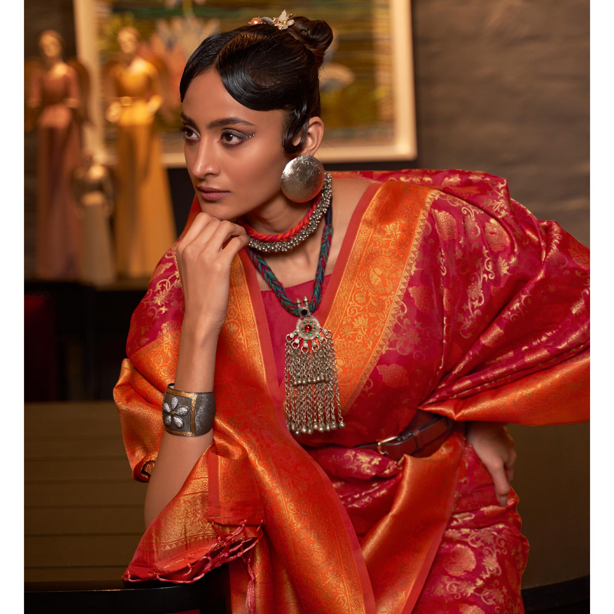 Red & Orange Floral Woven Art Silk Saree