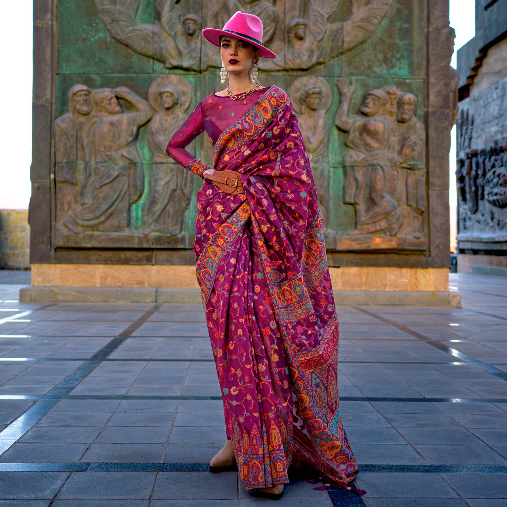 Wine Woven Kashmiri Organza Saree With Tassels