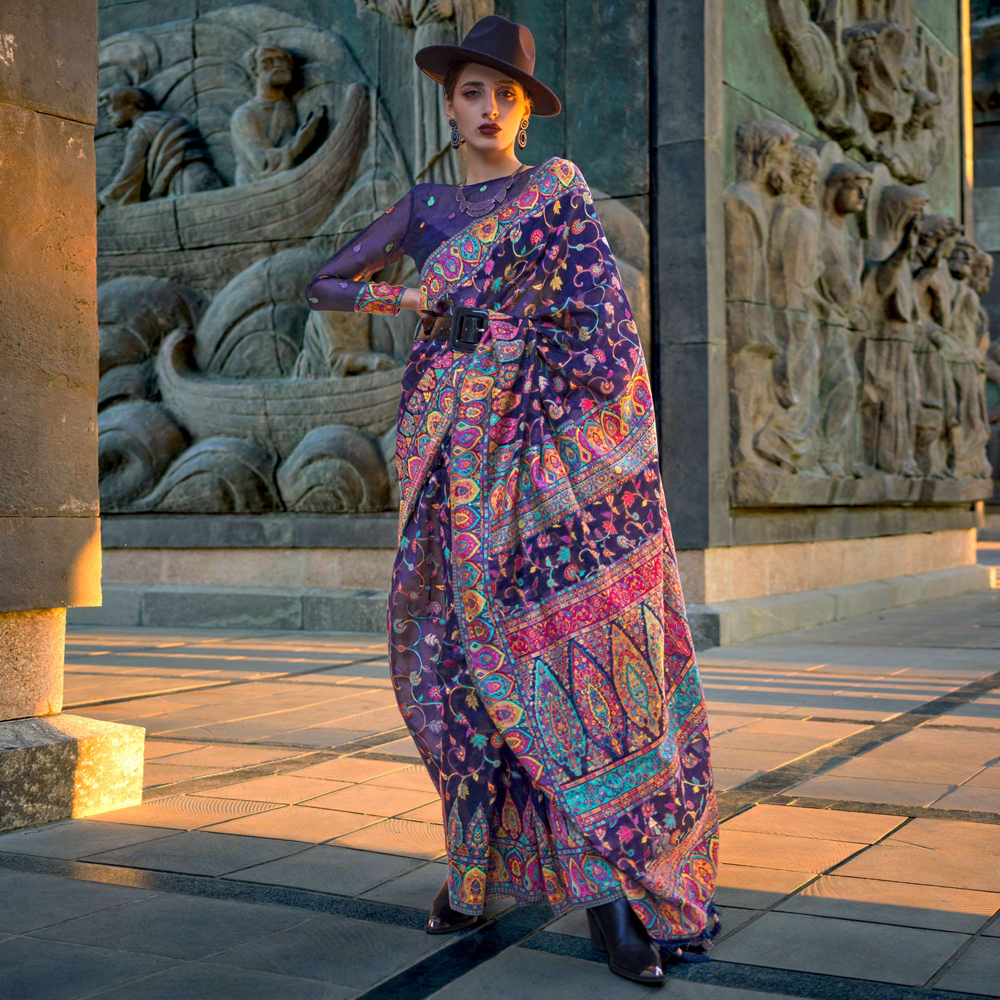 Navy Blue Woven Kashmiri Organza Saree With Tassels