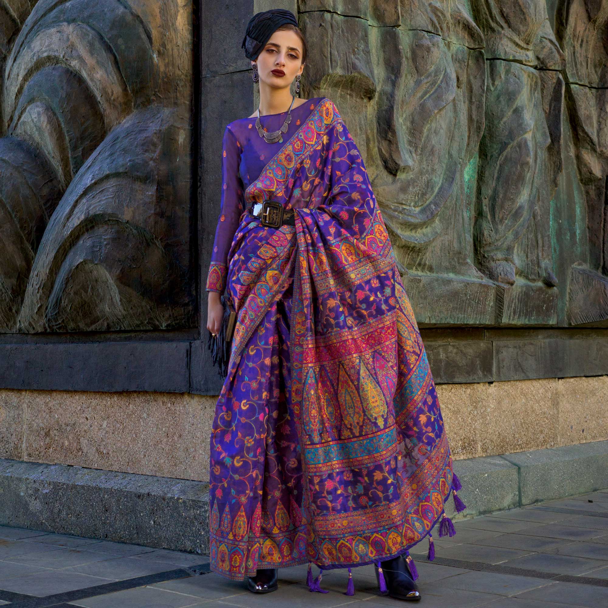 Purple Woven Kashmiri Organza Saree With Tassels