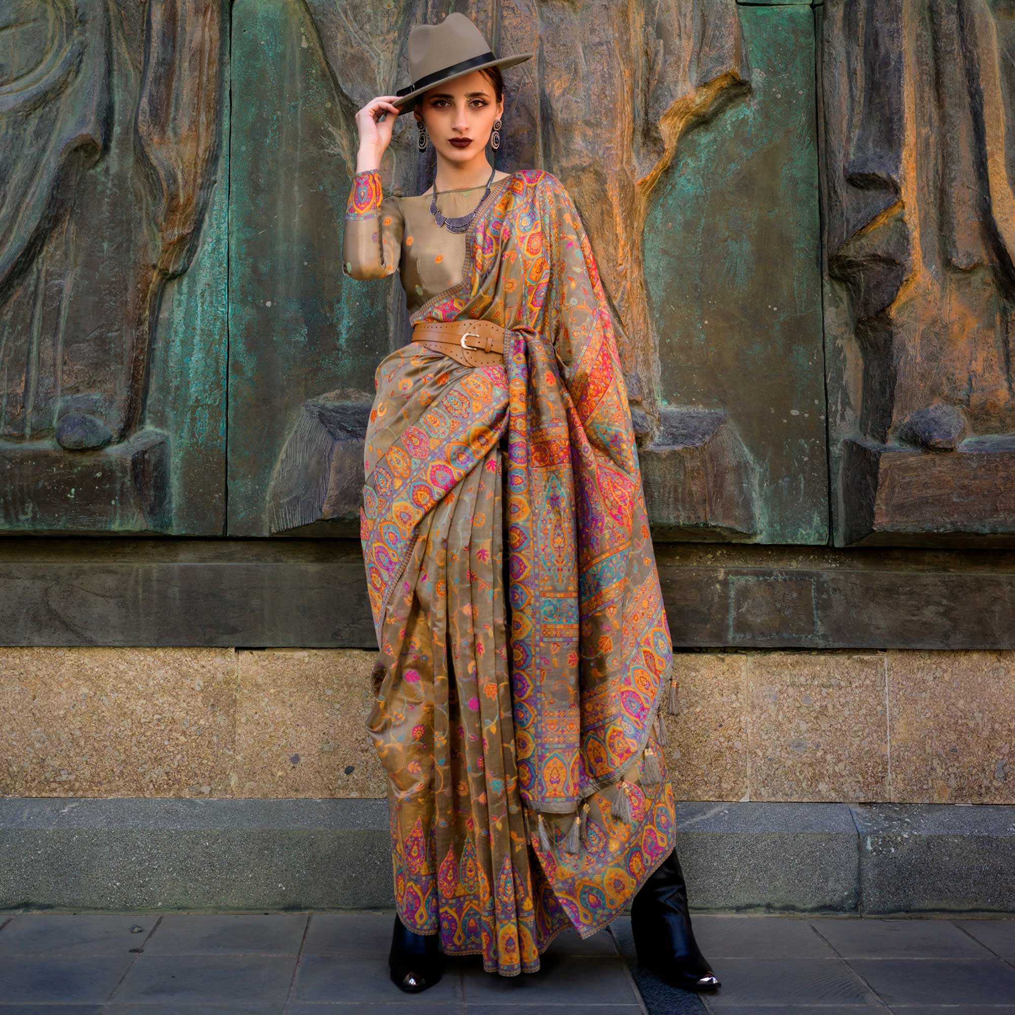 Brown Woven Kashmiri Organza Saree With Tassels