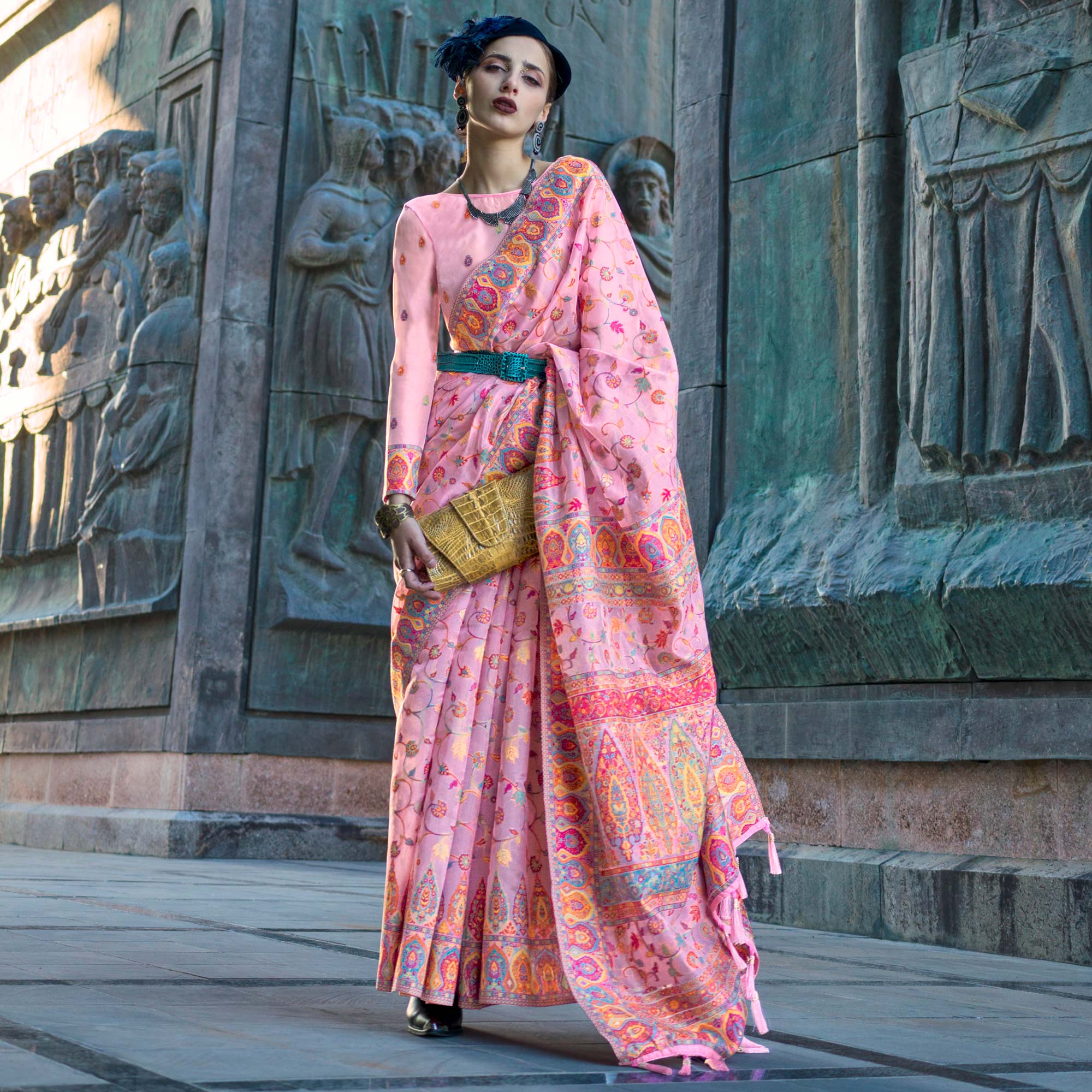 Pink Woven Kashmiri Organza Saree With Tassels