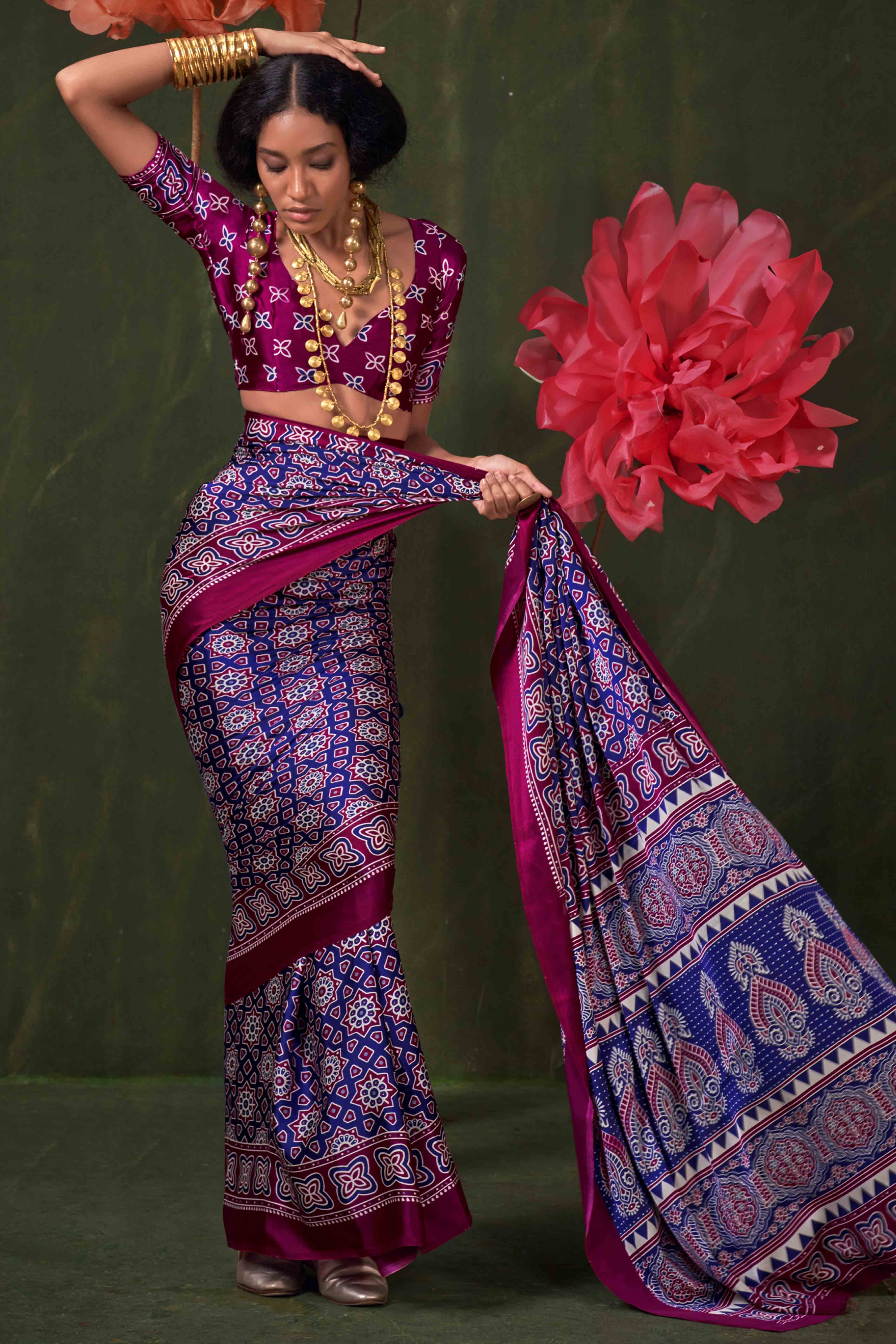 Classic Purple Saree with Timeless Ajrakh Designs on Satin Crepe
