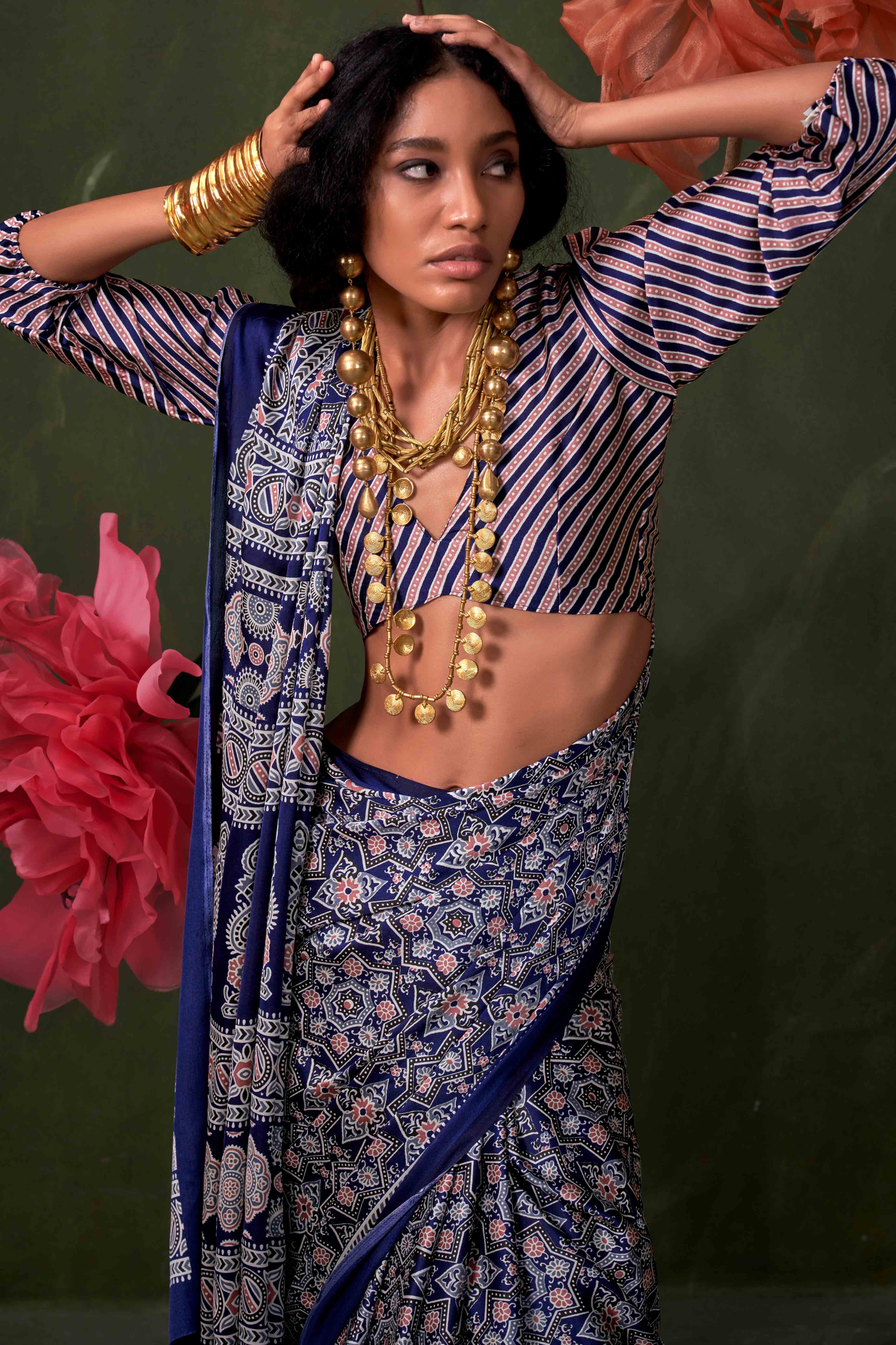 Classic Navy Blue Saree with Timeless Ajrakh Designs on Satin Crepe