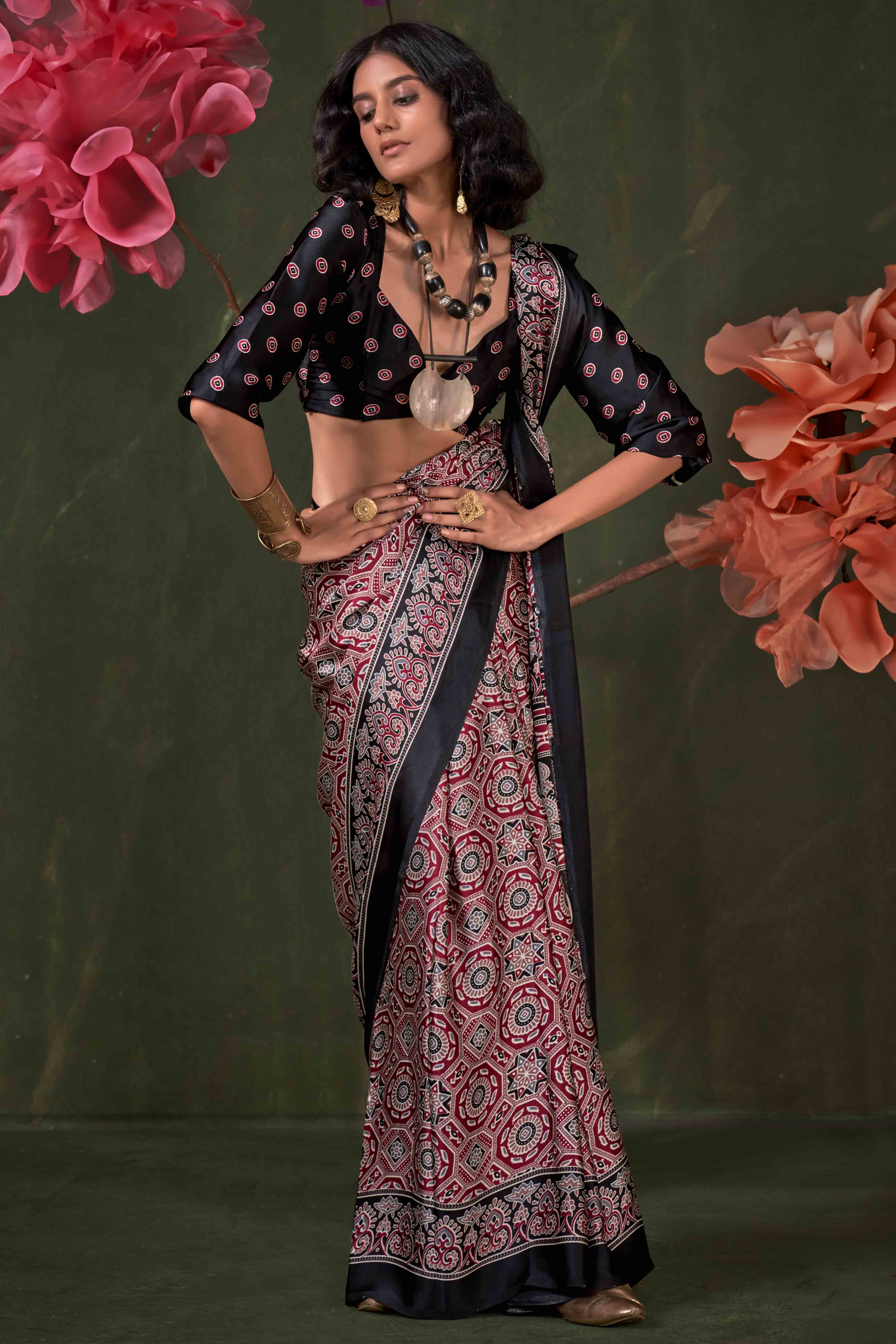 Classic Maroon & Black Saree with Timeless Ajrakh Designs on Satin Crepe