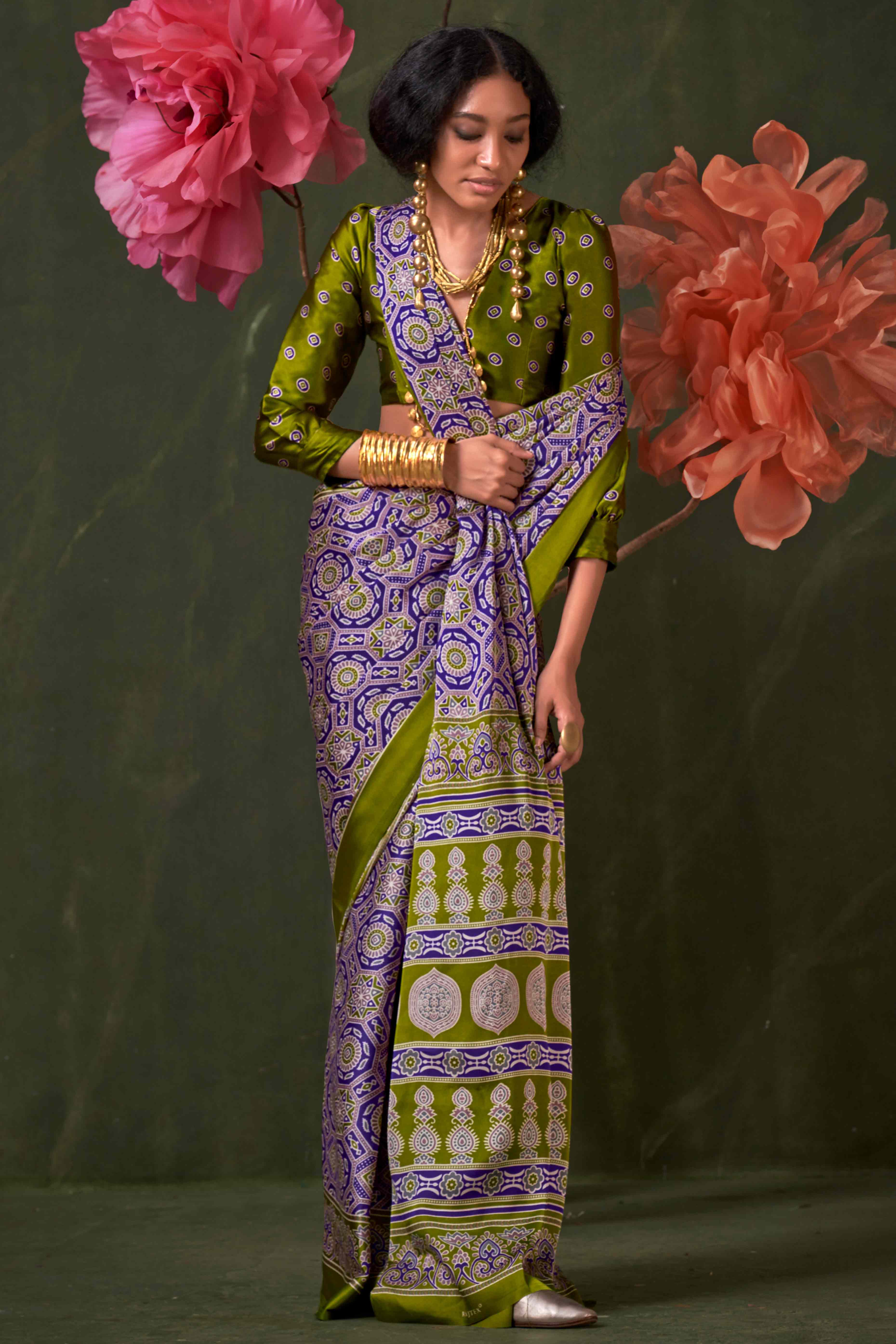 Classic Violet Saree with Timeless Ajrakh Designs on Satin Crepe
