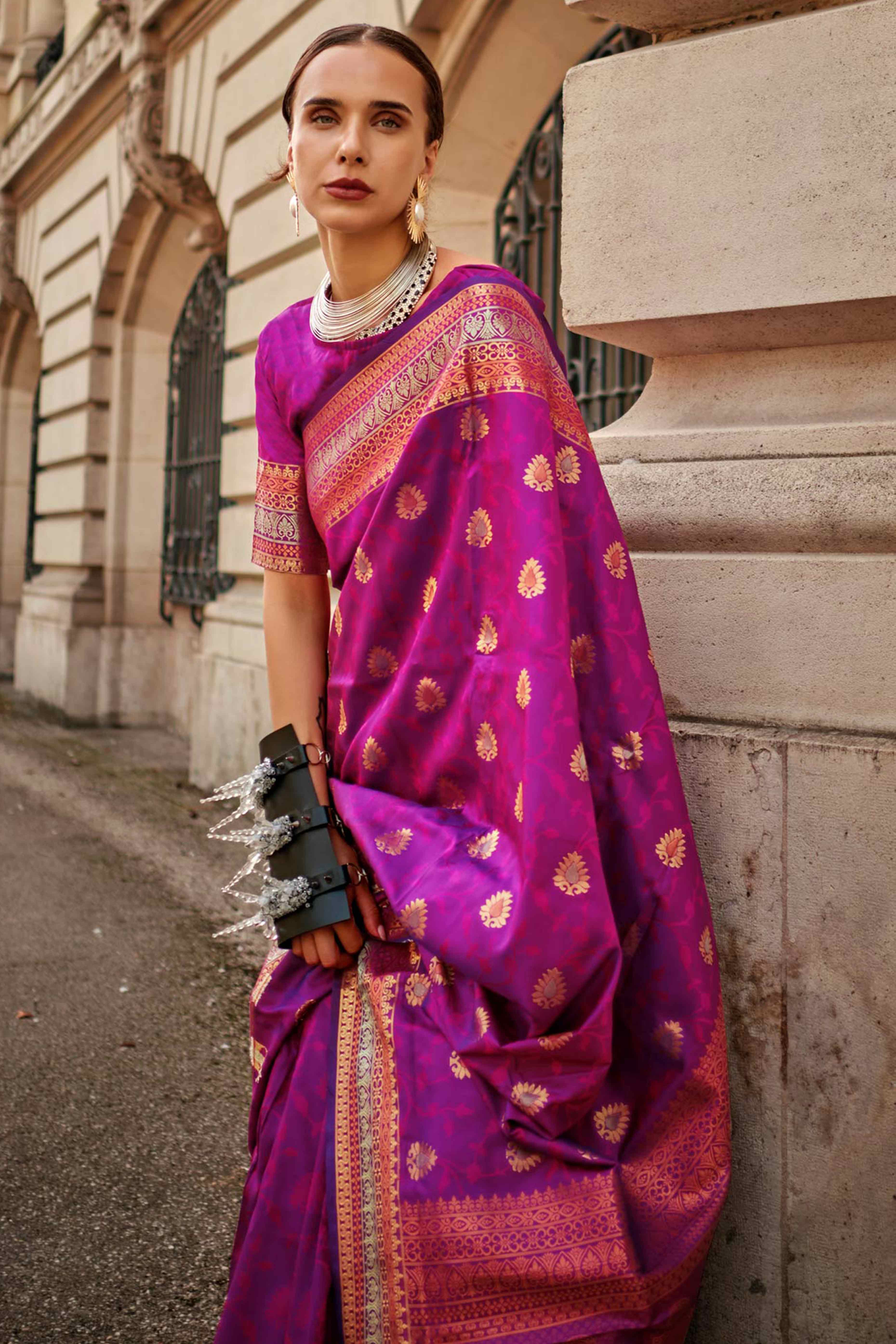 Magenta Floral Zari Work Woven Banarasi Silk Saree