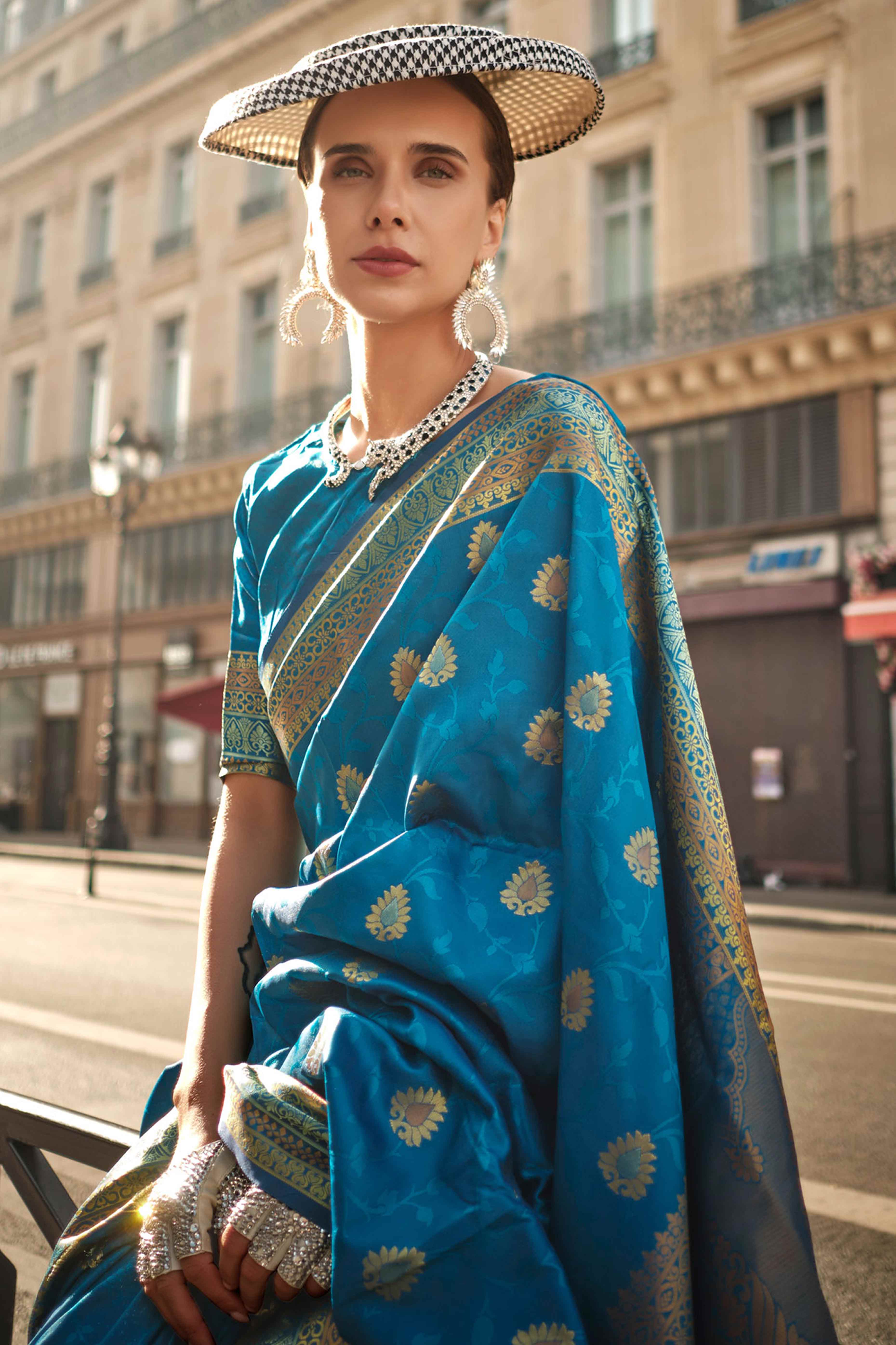 Teal Floral Zari Work Woven Banarasi Silk Saree