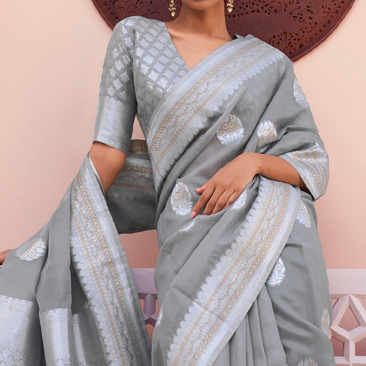 Grey Woven Linen Saree