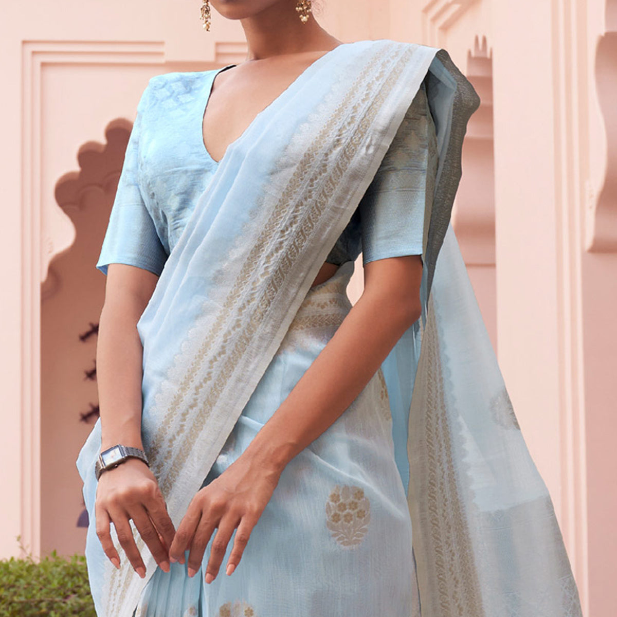 Sky Blue Woven Linen Saree