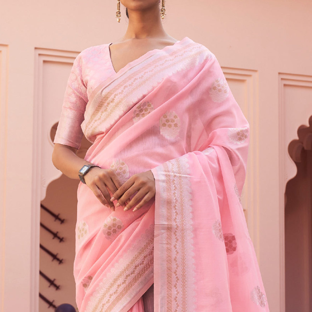 Light Pink Woven Linen Saree