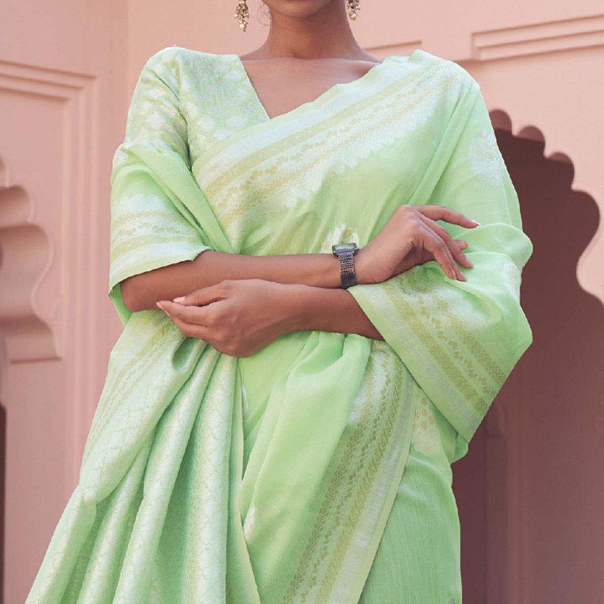 Green Woven Linen Saree