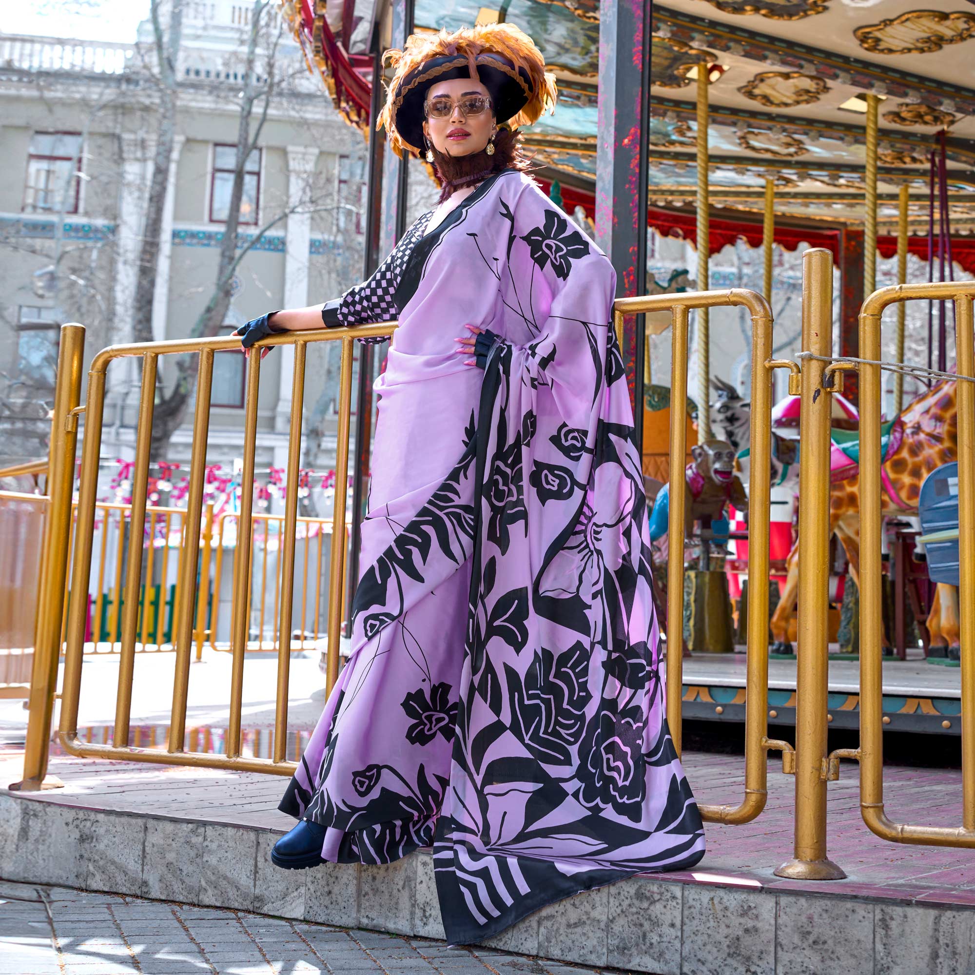 Lavender & Black Contemporary Printed Satin Saree