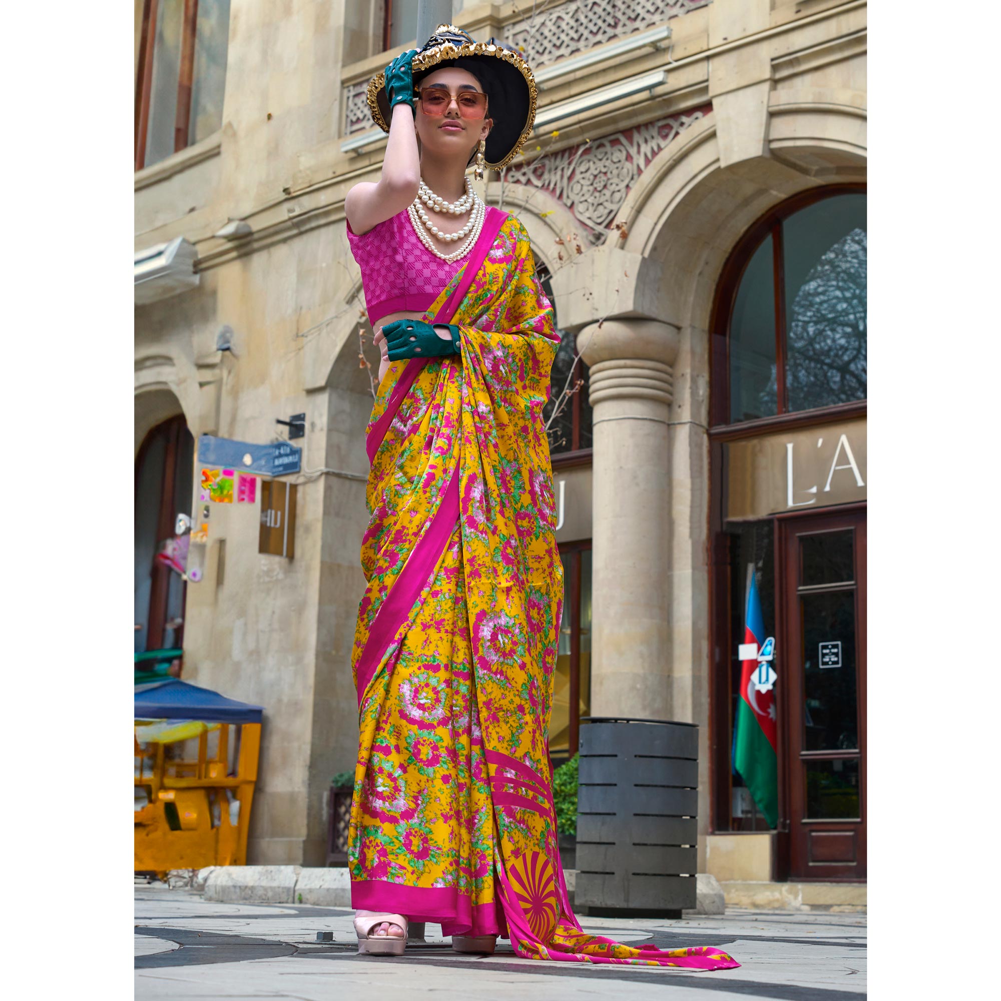 Yellow & Pink Contemporary Printed Satin Saree