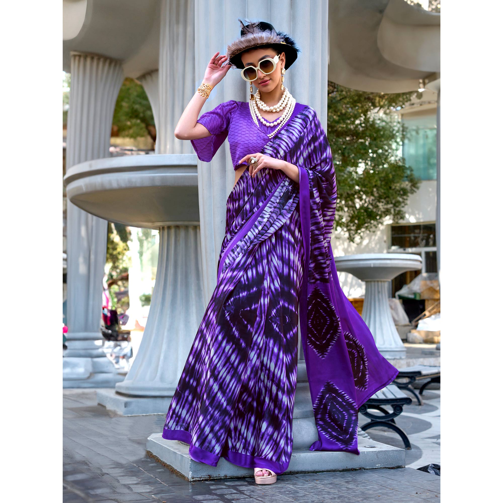 Violet Contemporary Printed Satin Saree