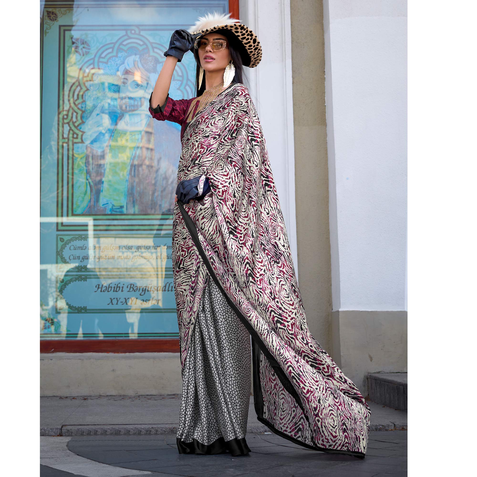 White & Maroon Contemporary Printed Satin Saree