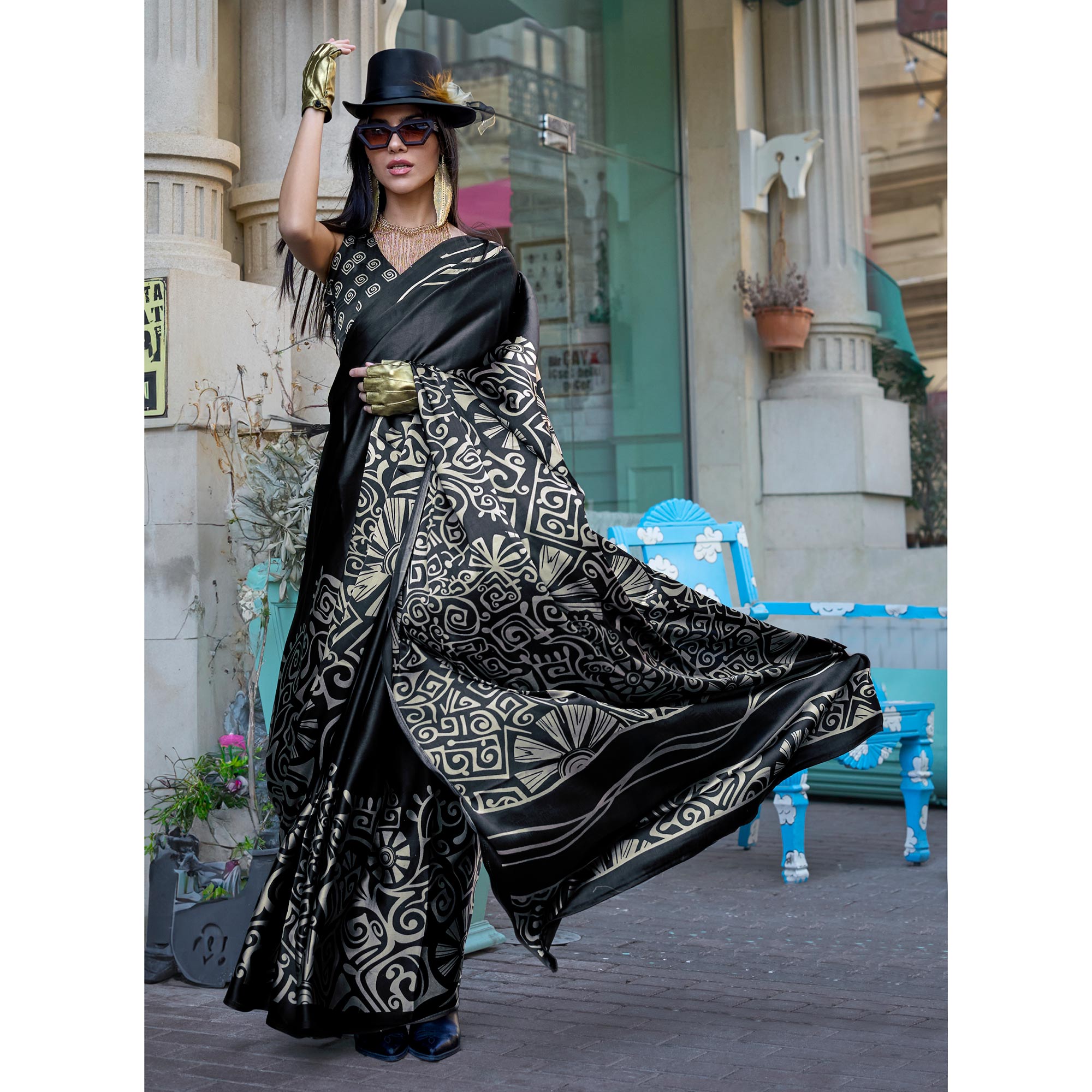 Black Contemporary Printed Satin Saree