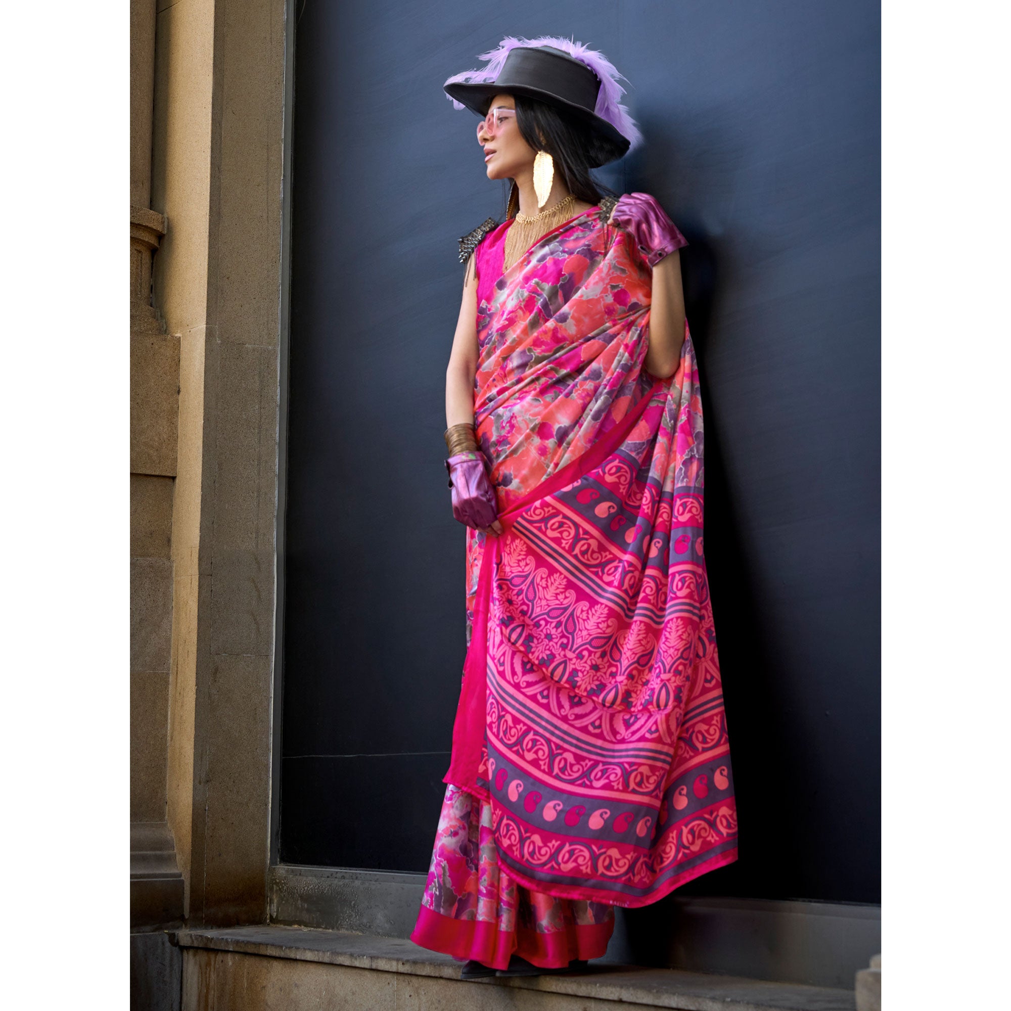 Peach & Pink Contemporary Printed Satin Saree