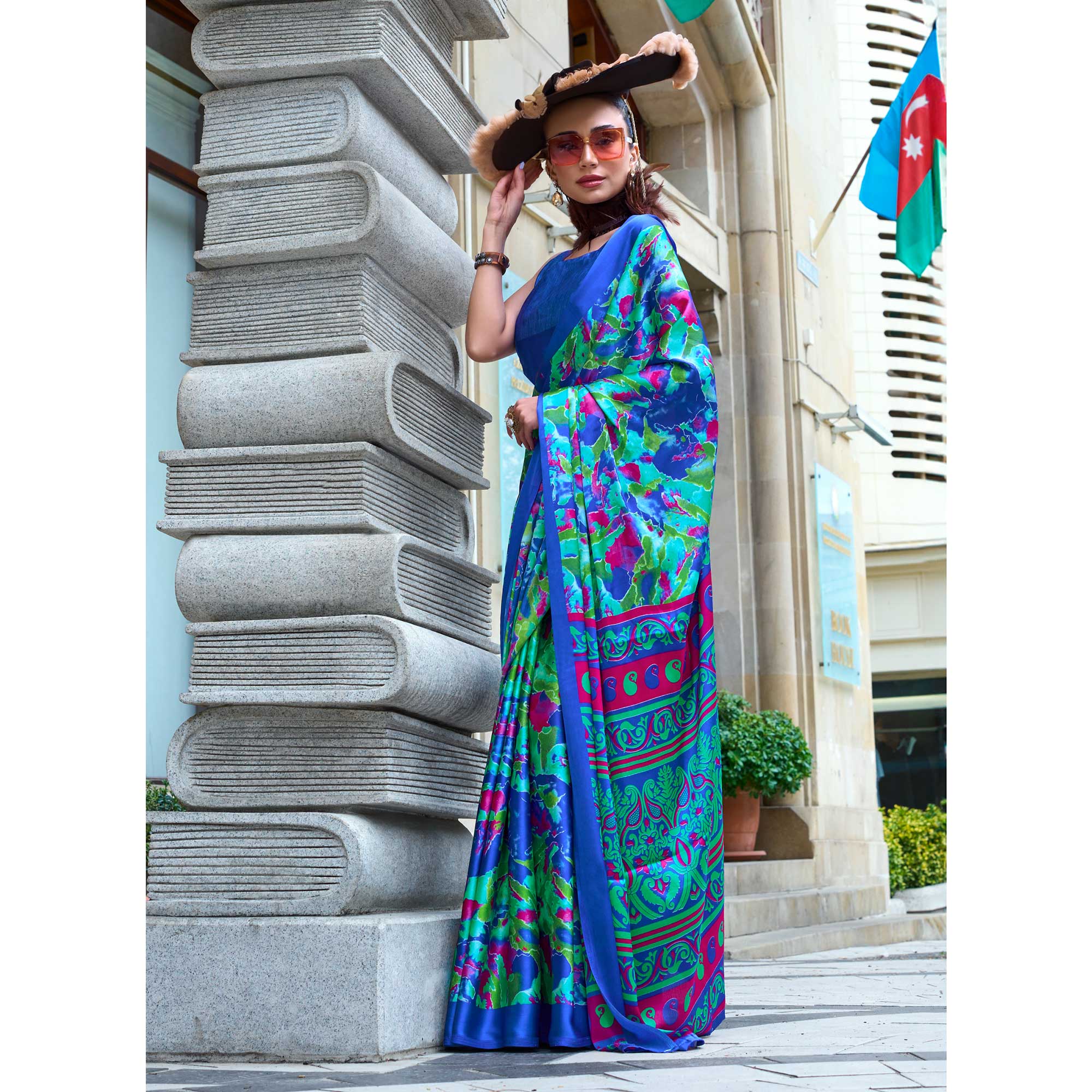 Blue & Green Contemporary Printed Satin Saree