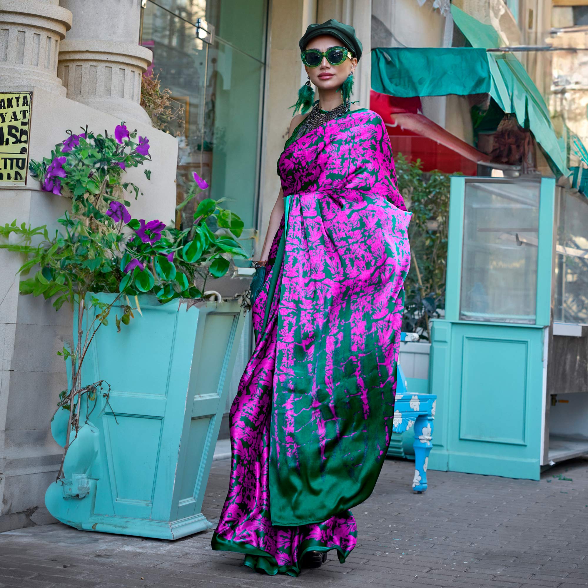 Green & Pink Contemporary Printed Satin Saree