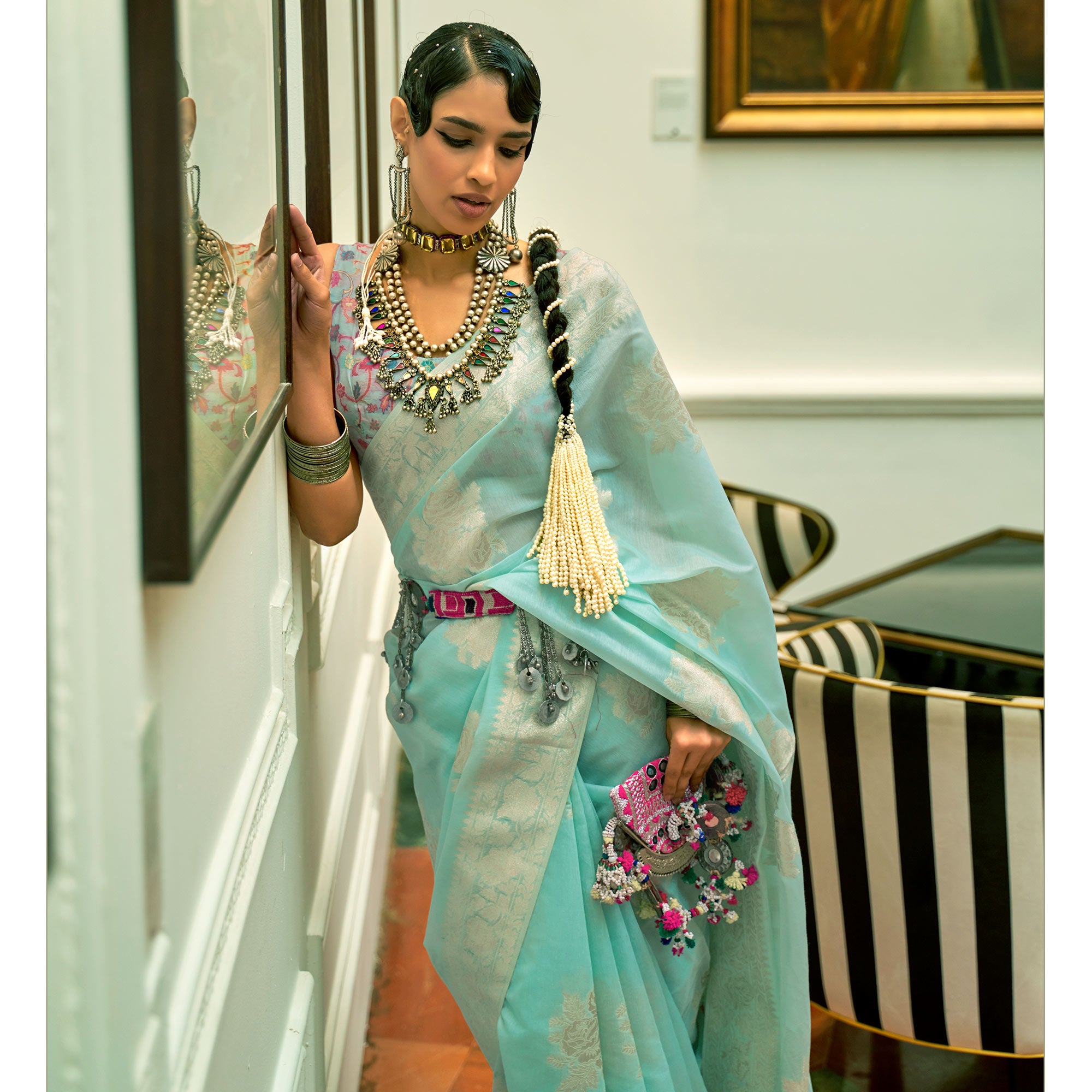 Blue Floral Woven Modal Saree