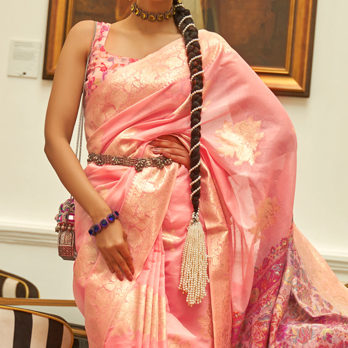 Peach Floral Woven Modal Saree