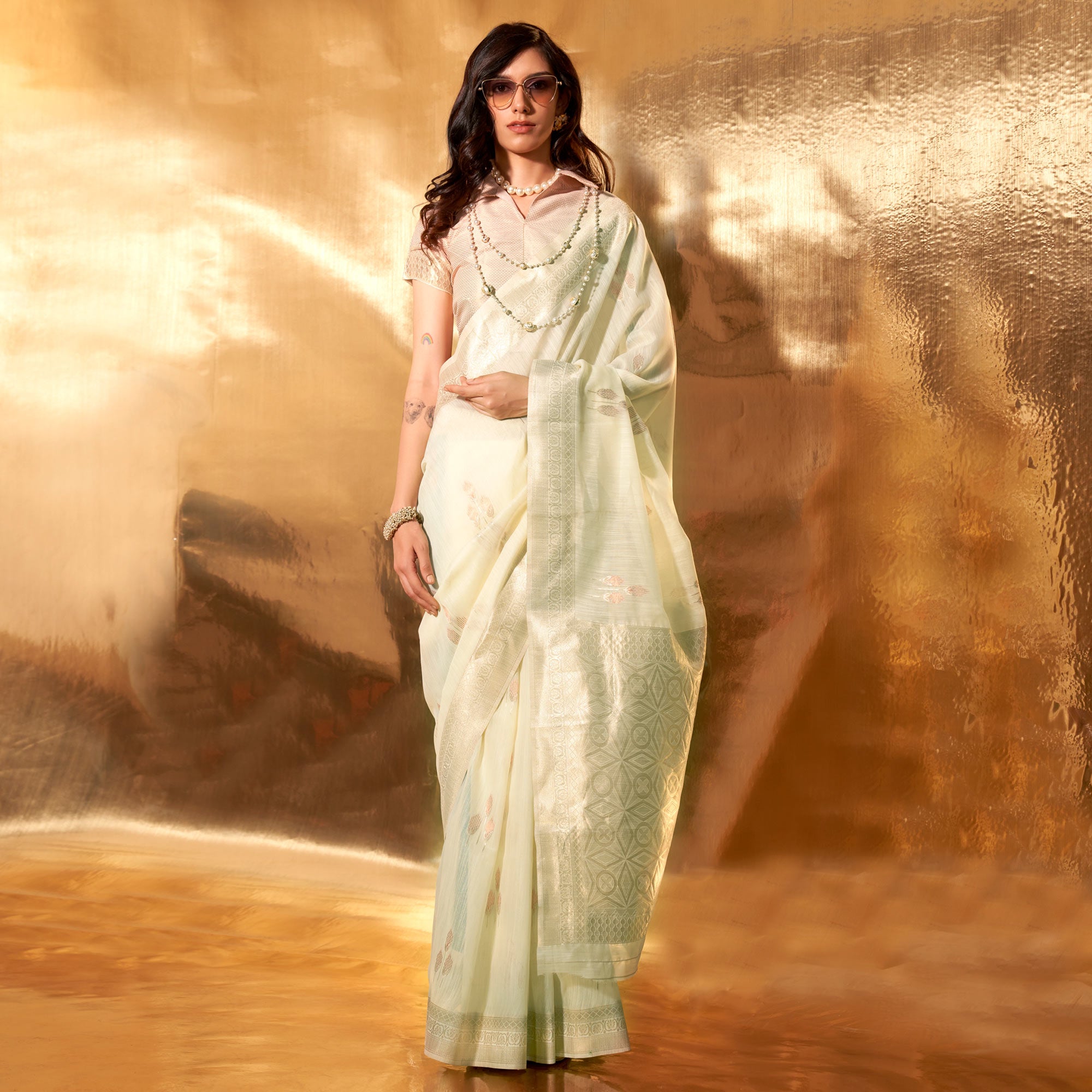 Off White Zari Woven Linen Saree