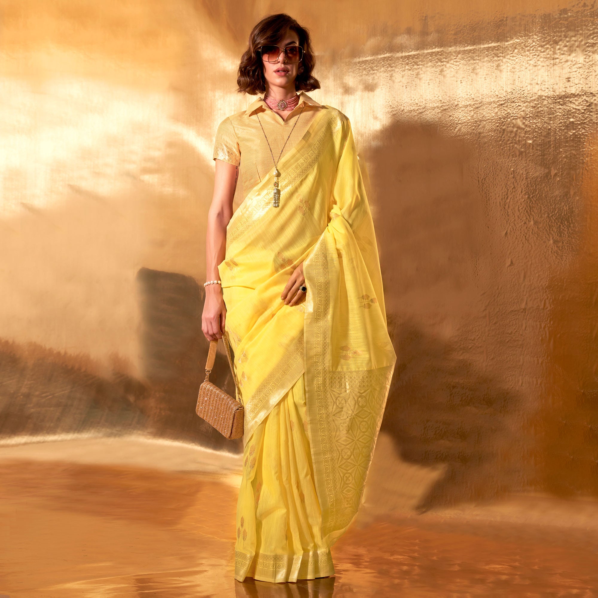 Yellow Zari Woven Linen Saree