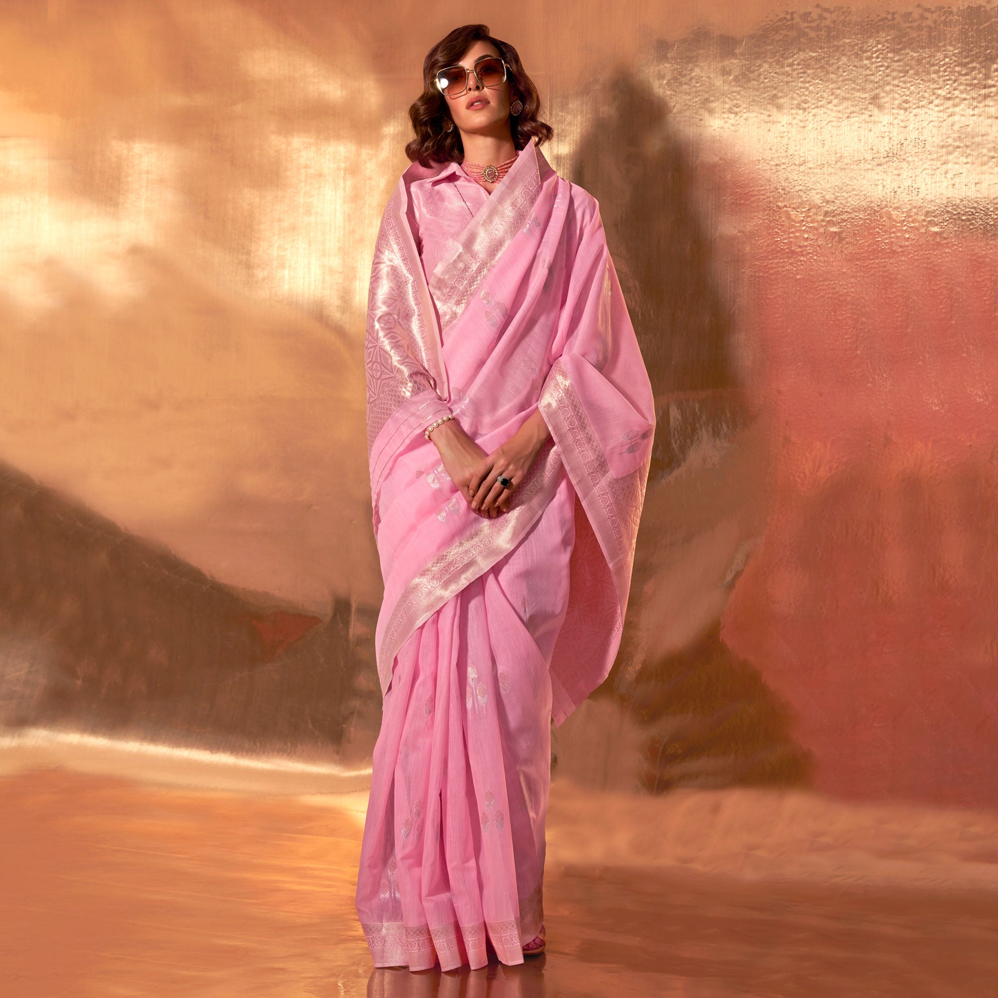 Pink Zari Woven Linen Saree